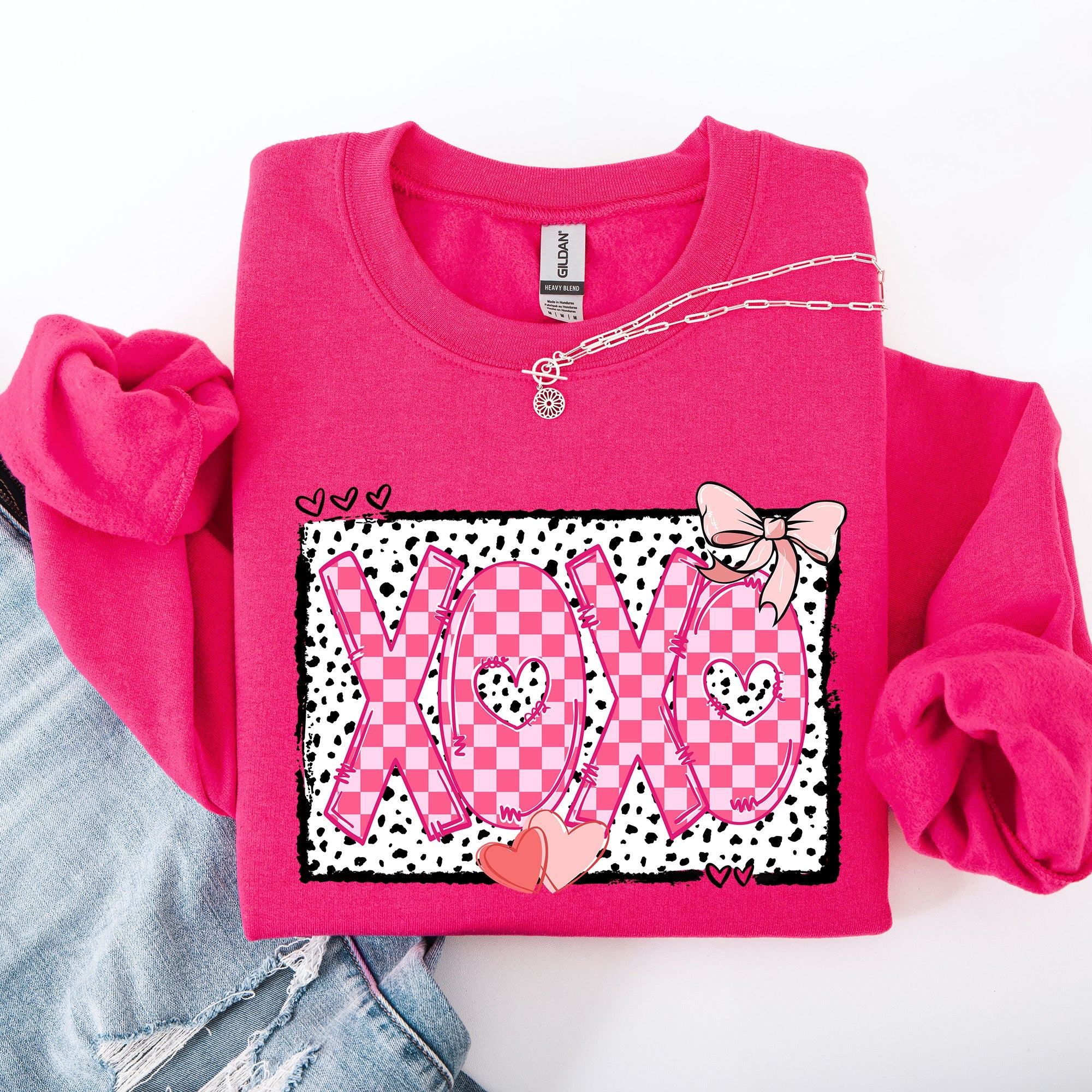 XOXO Valentine's Day Dalmatian Print Love Hearts Chic Cozy Fleece Wearable Artwork Sweatshirt