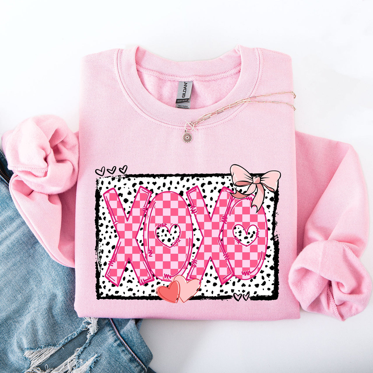 XOXO Valentine's Day Dalmatian Print Love Hearts Chic Cozy Fleece Wearable Artwork Sweatshirt