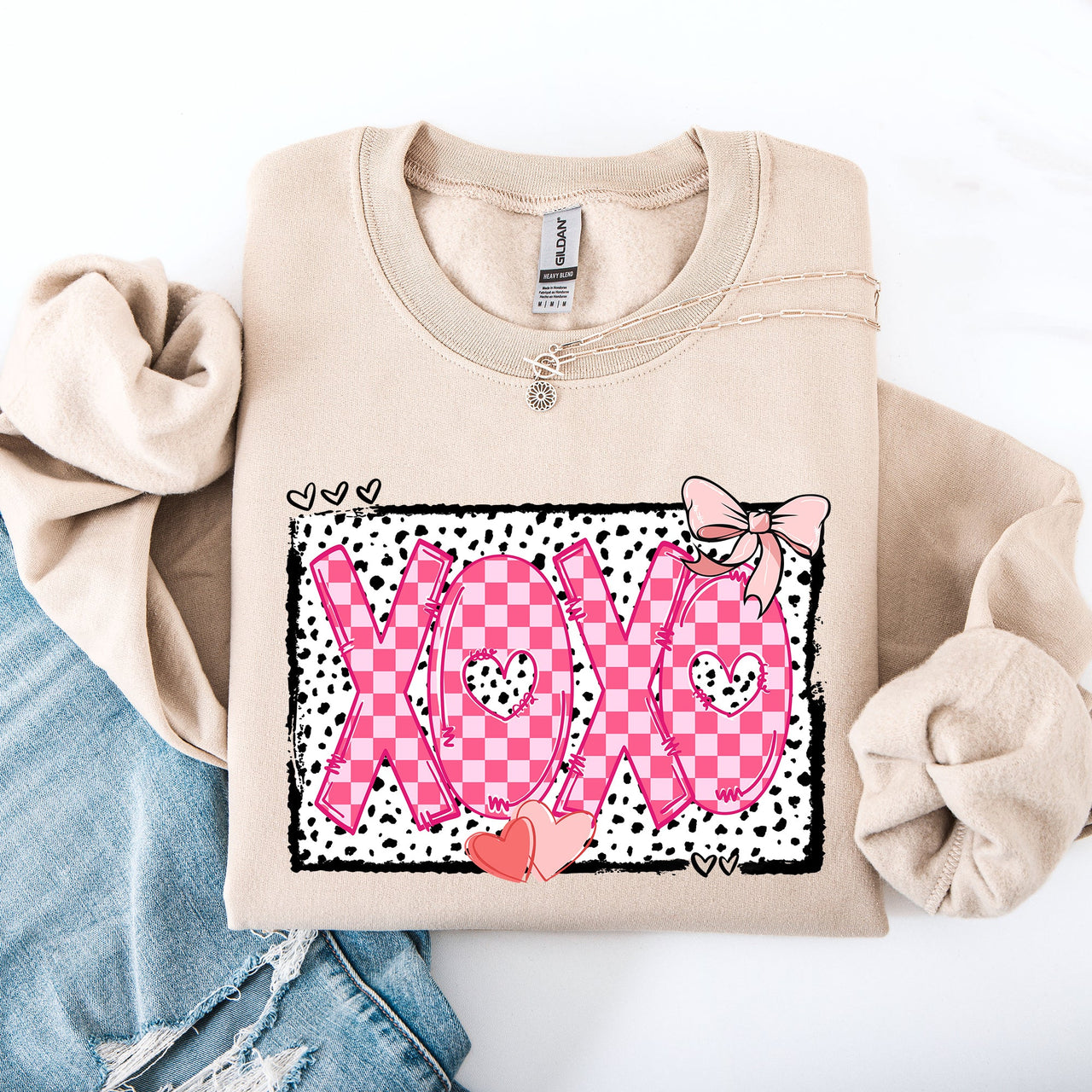 XOXO Valentine's Day Dalmatian Print Love Hearts Chic Cozy Fleece Wearable Artwork Sweatshirt