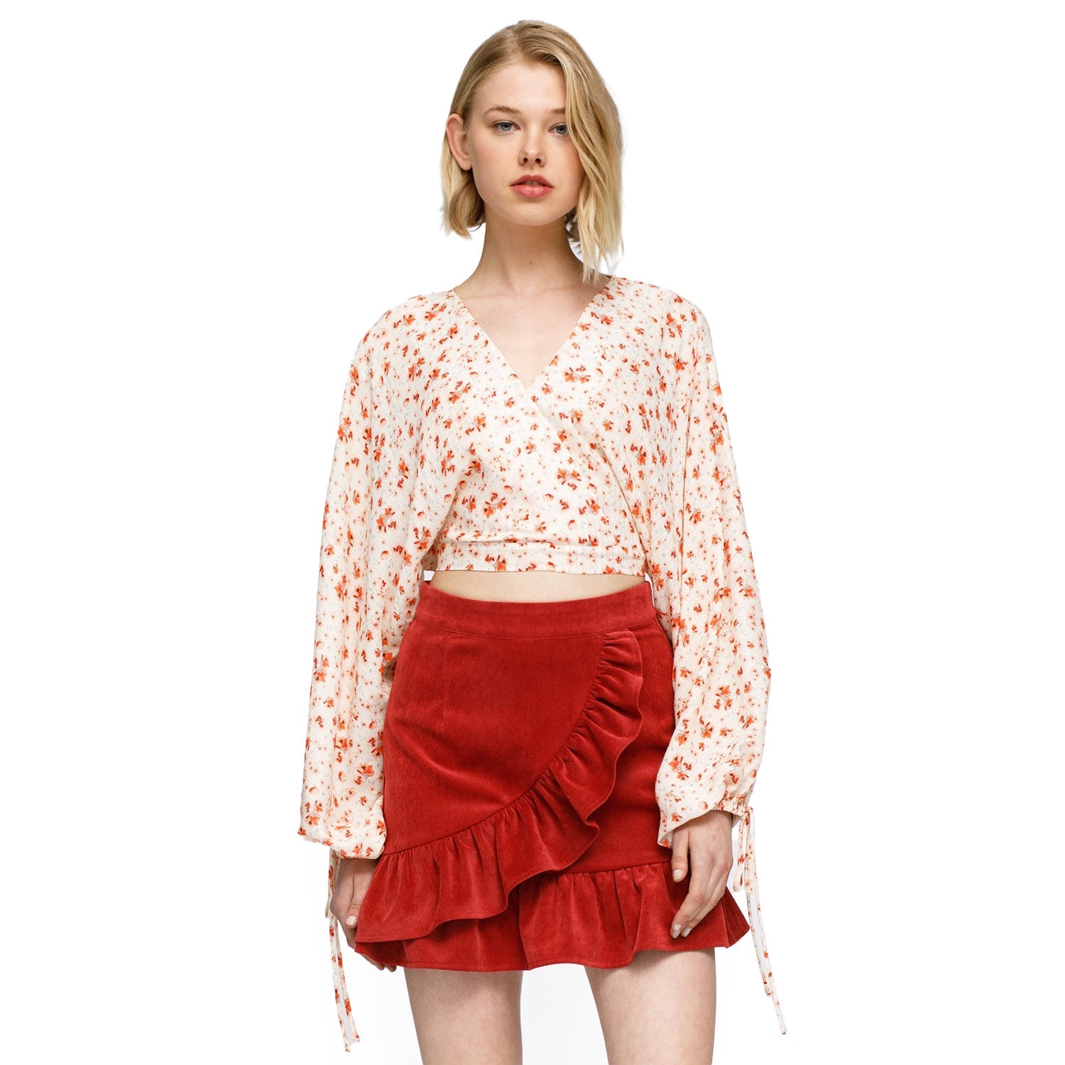 Women's Floral Wrap Front Crop Blouse In Coral Gold