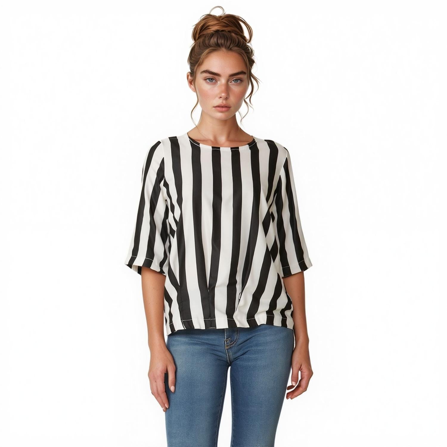 Pleione Women's Gathered Hem 3/4 Sleeve Top In Black White Stripe