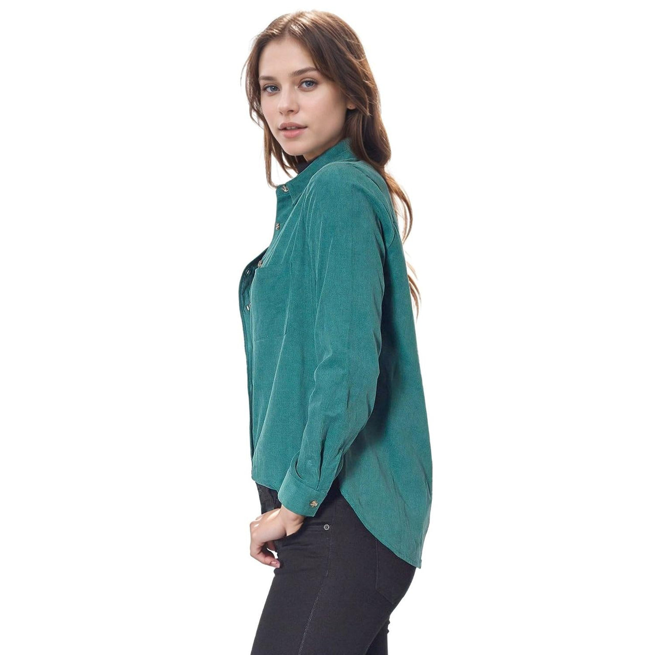 Pleione Women's Button Up Corduroy Shirt in Teal