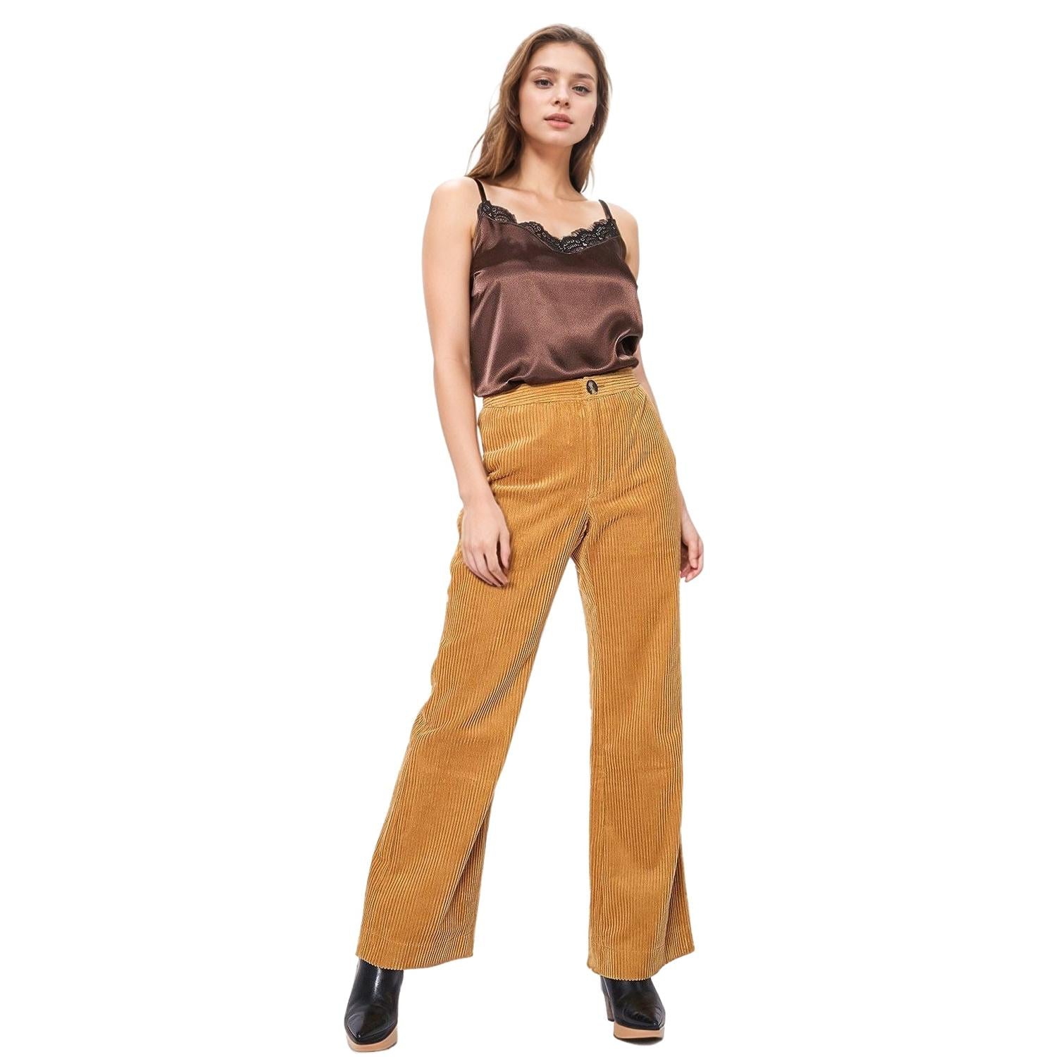 Pleione Women's Corduroy Wide Leg High Waist Pants in Dijon