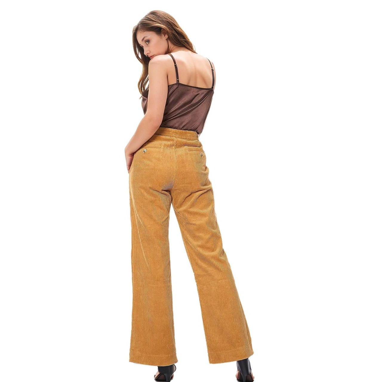 Pleione Women's Corduroy Wide Leg High Waist Pants in Dijon