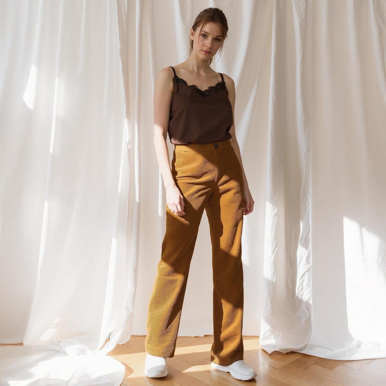 Pleione Women's Corduroy Wide Leg High Waist Pants in Dijon