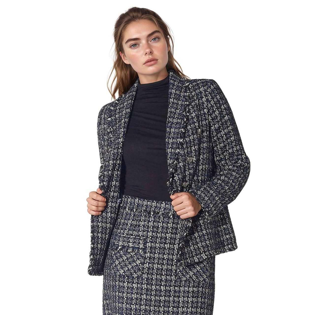 Pleione Women's Tweed Fringe Hem Blazer Jacket in Navy Tweed