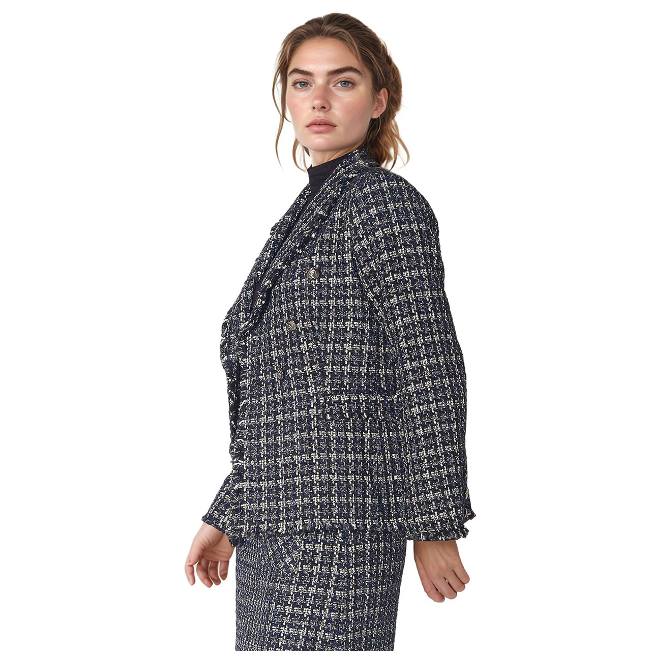 Pleione Women's Tweed Fringe Hem Blazer Jacket in Navy Tweed