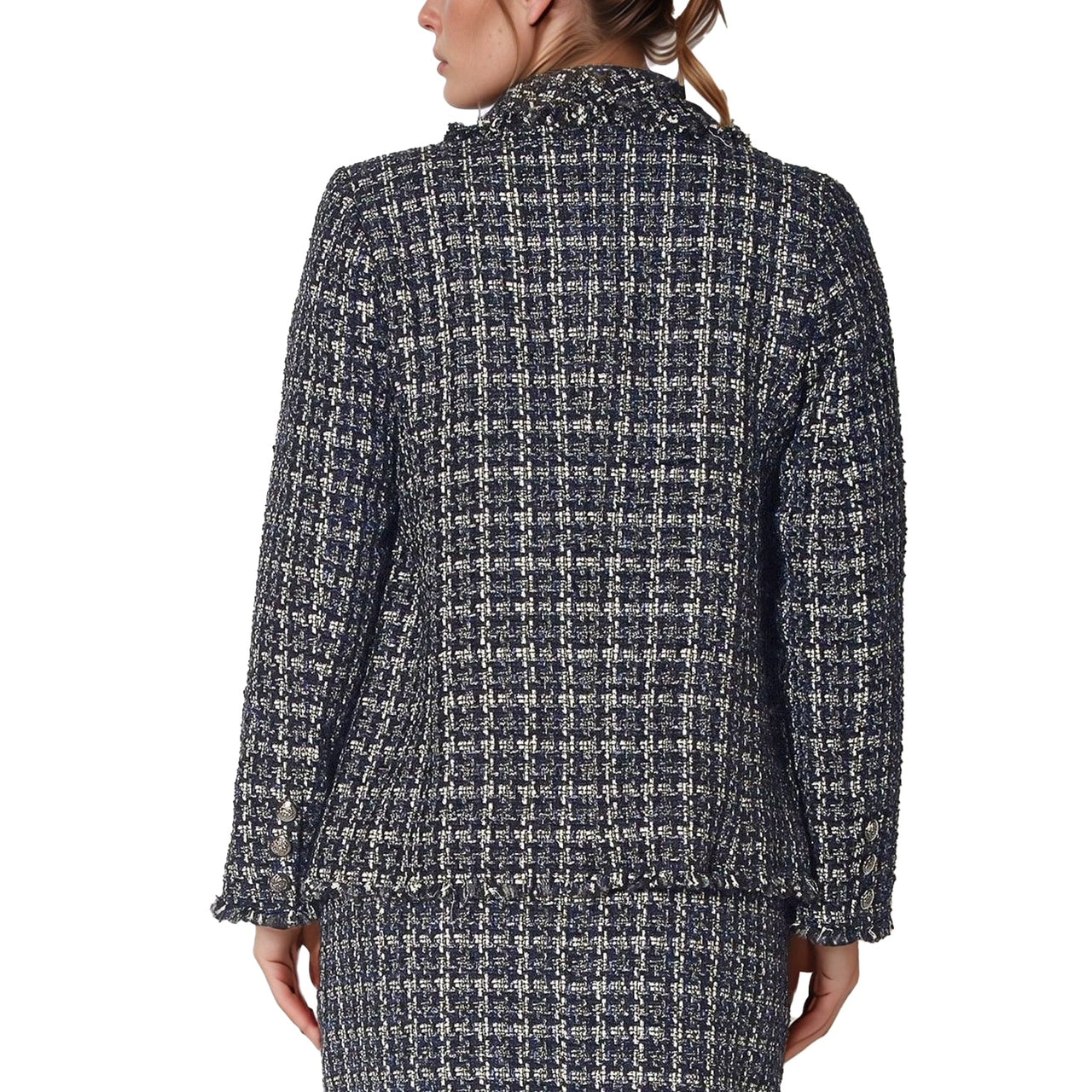 Pleione Women's Tweed Fringe Hem Blazer Jacket in Navy Tweed