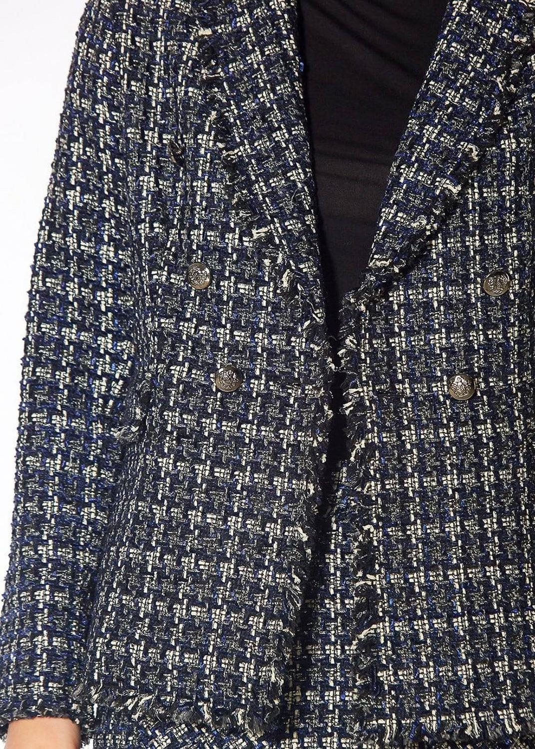 Pleione Women's Tweed Fringe Hem Blazer Jacket in Navy Tweed