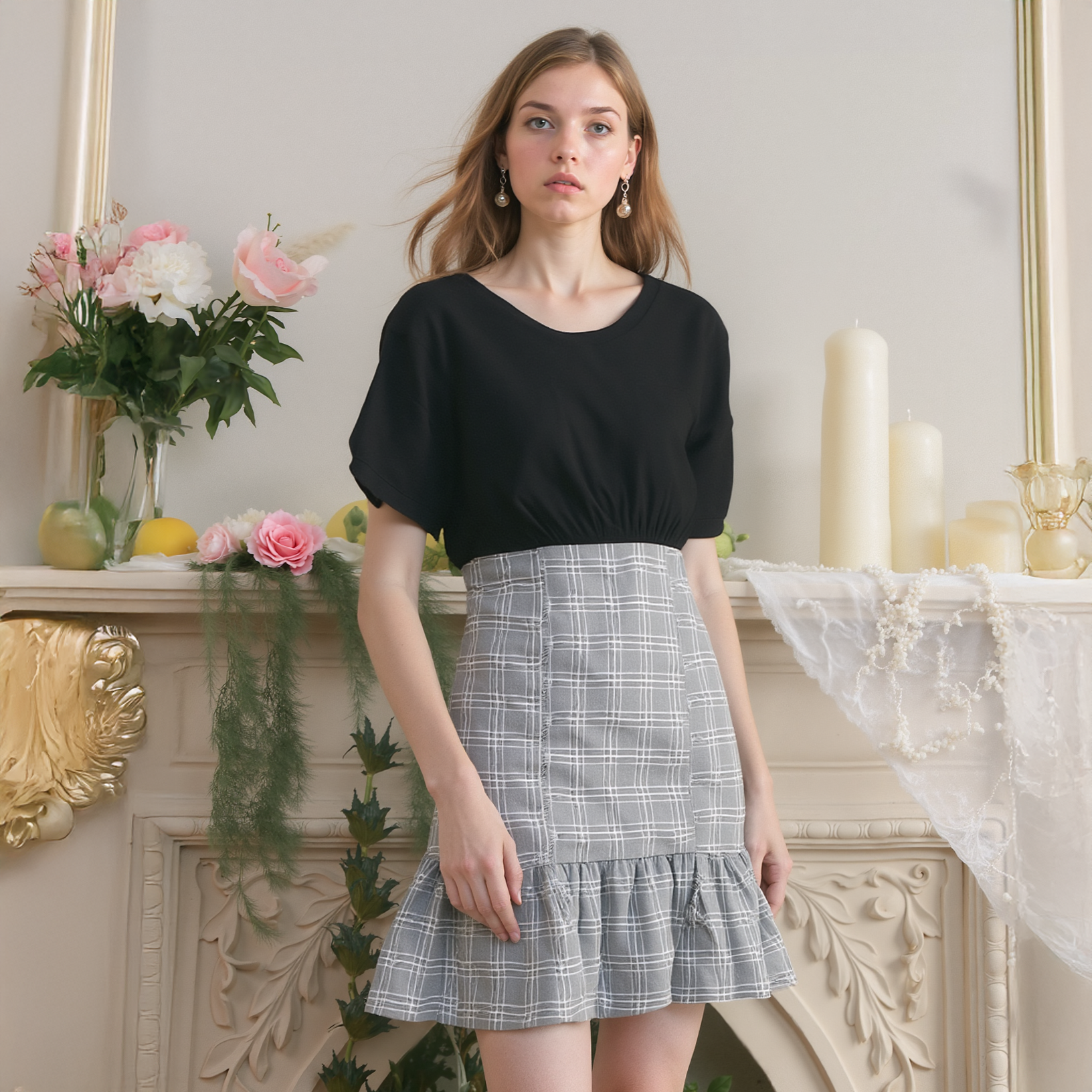 Women's Glen Plaid Mermaid Dress in Black