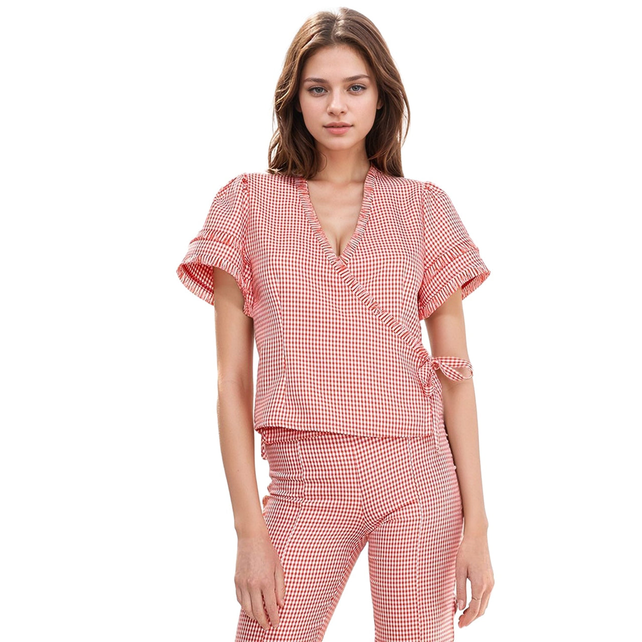 Women's Fringe Trim Gingham Wrap Blouse In Red Gingham