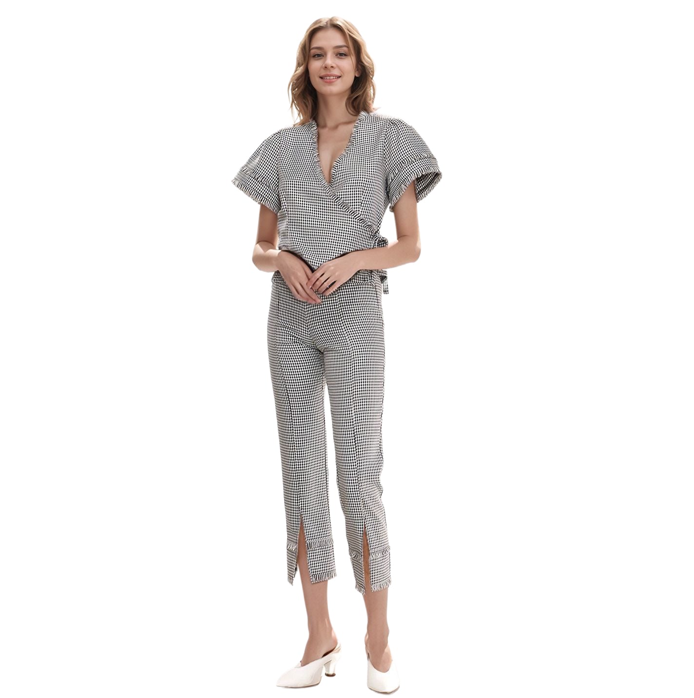 Women's Fringe Trim Slit Hem Gingham Pants in Black Gingham