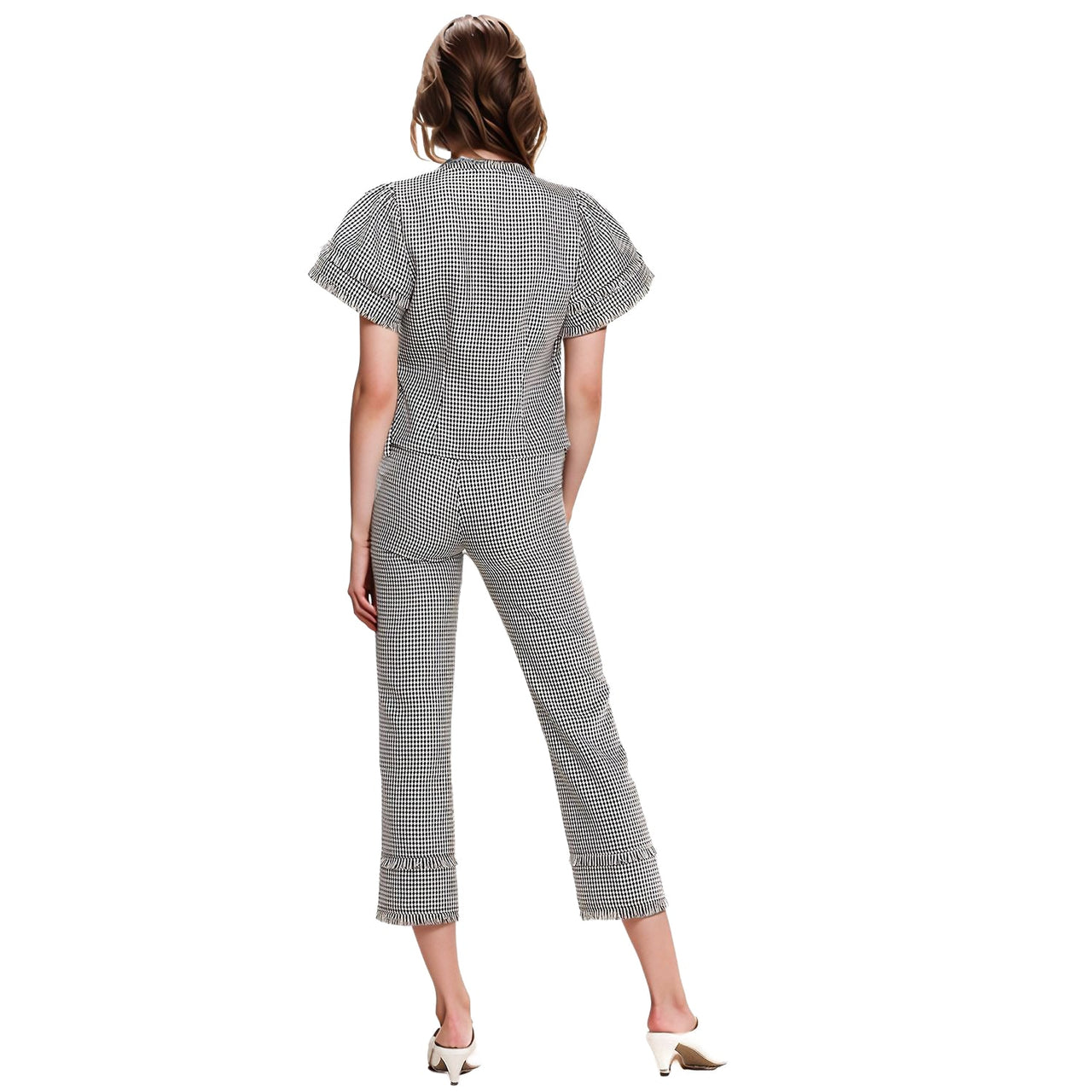 Women's Fringe Trim Slit Hem Gingham Pants in Black Gingham