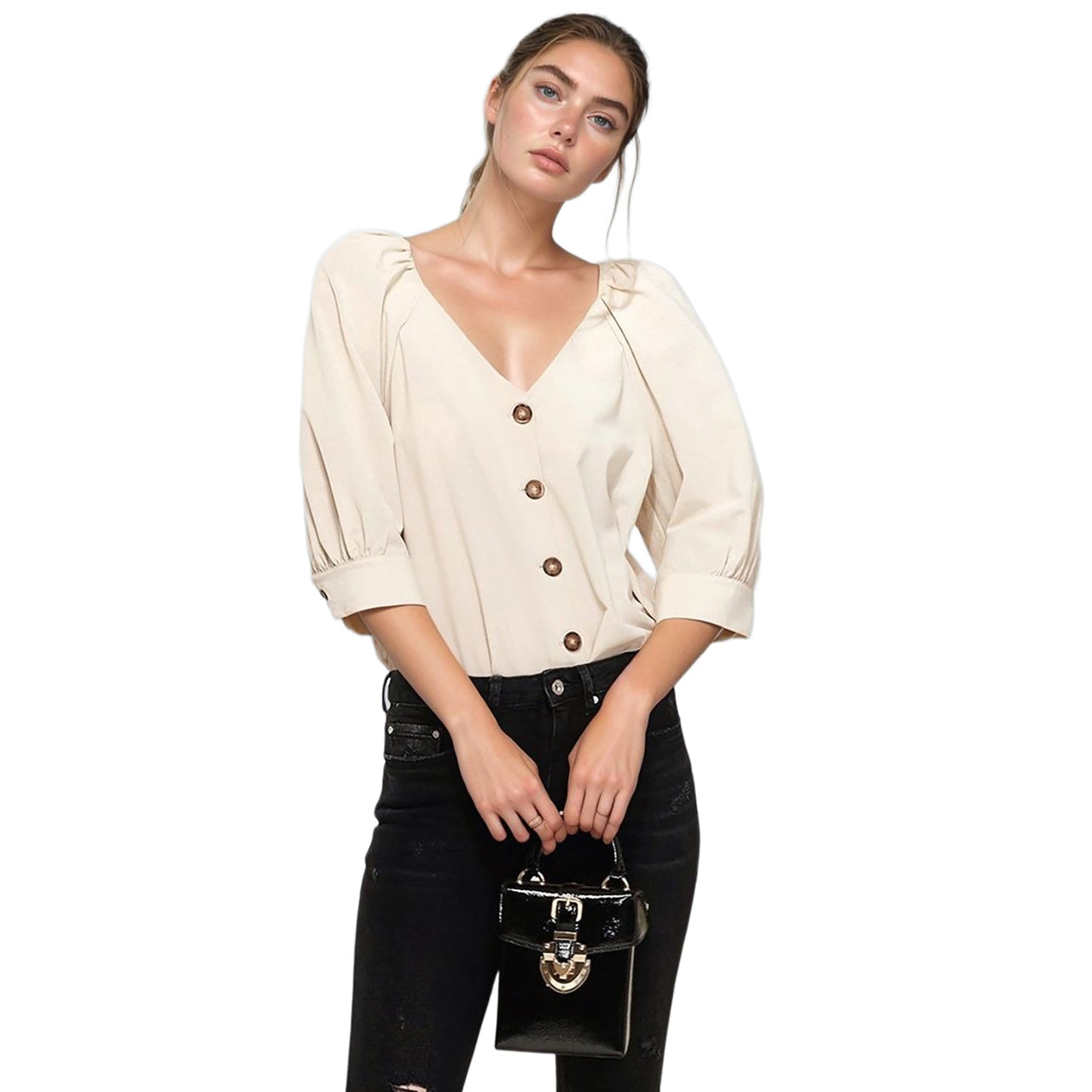 Pleione Women's Balloon Shoulder Button Down Blouse