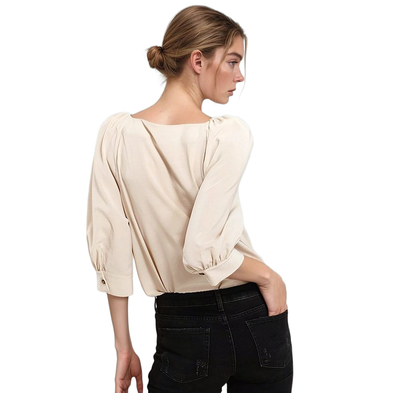 Pleione Women's Balloon Shoulder Button Down Blouse