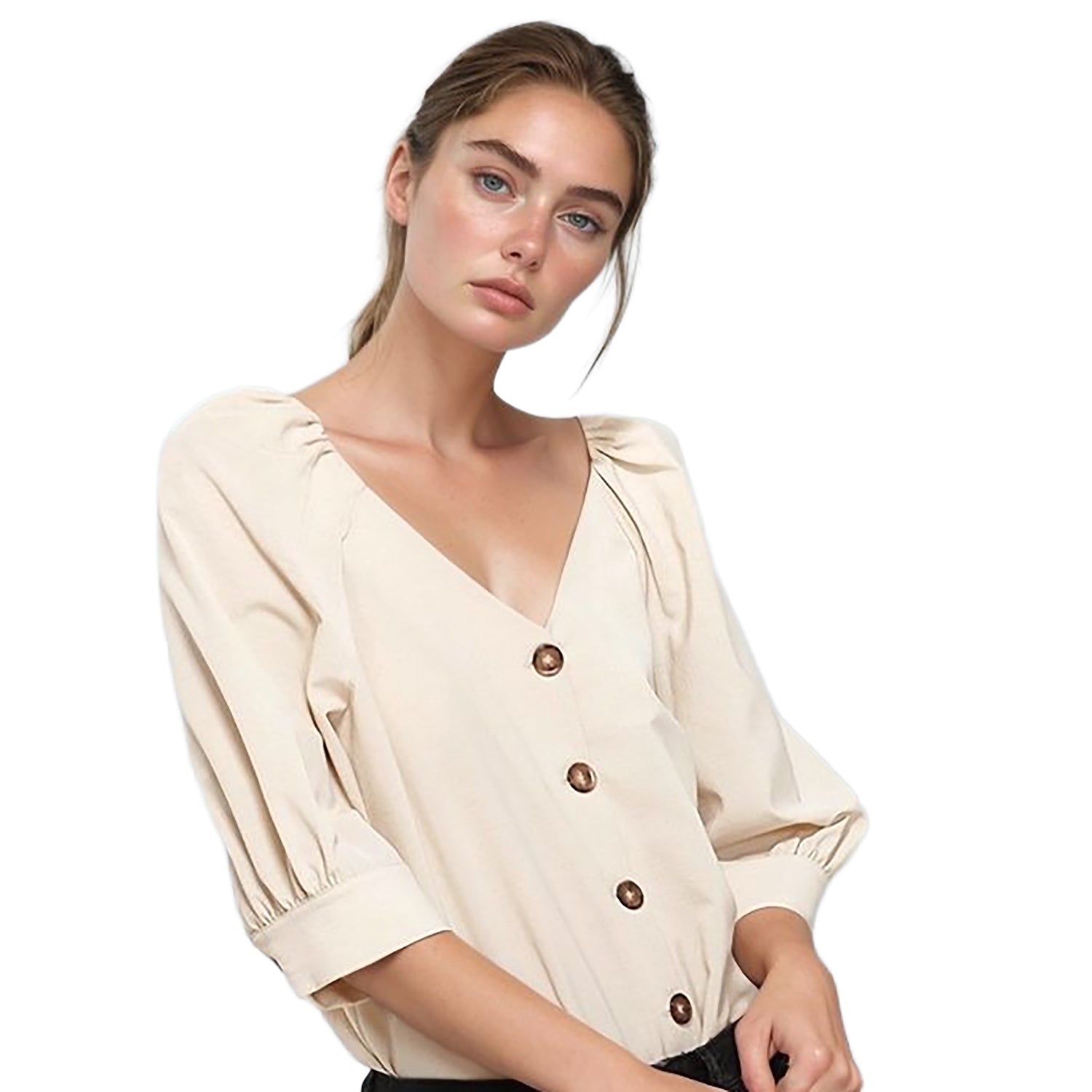 Pleione Women's Balloon Shoulder Button Down Blouse