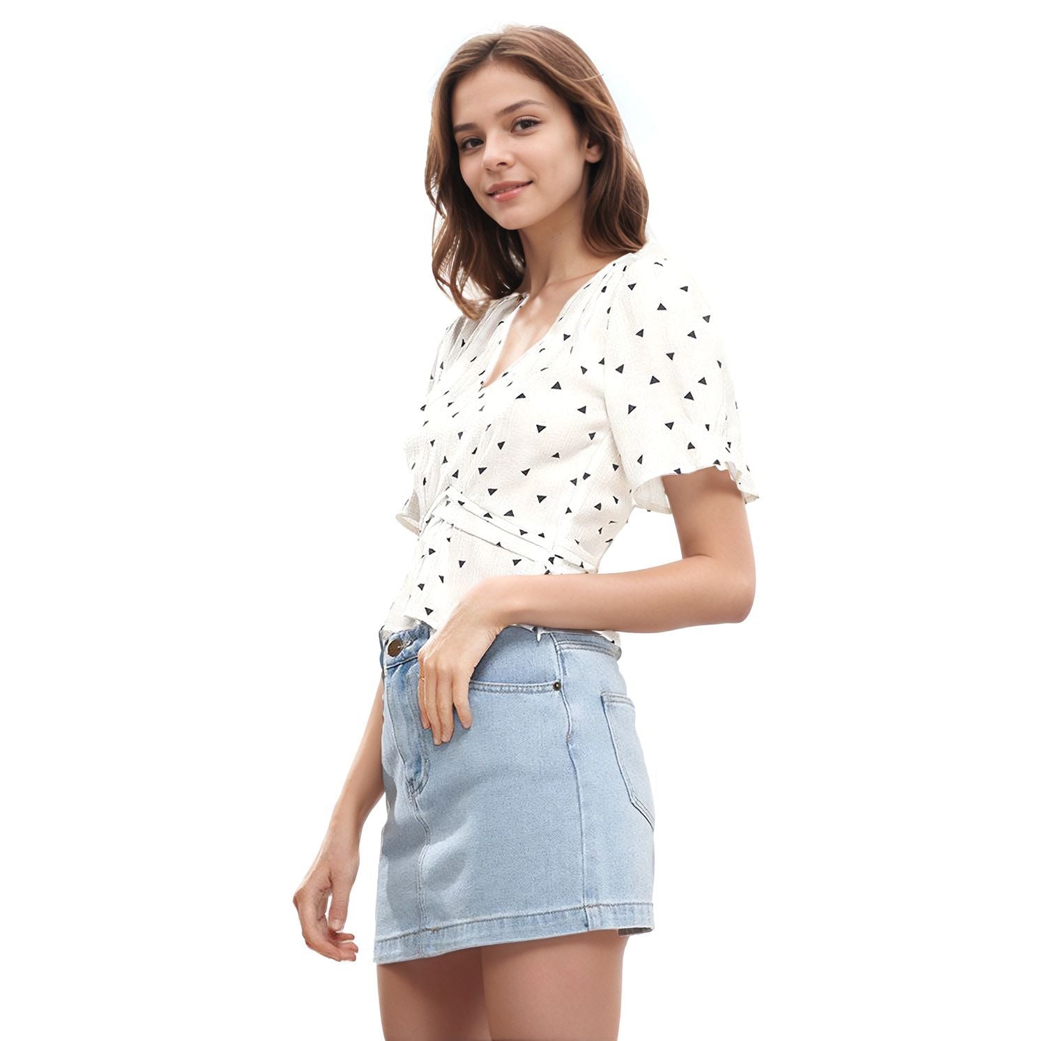 Women's Triangle Print Puff Sleeve Blouse in White triangle