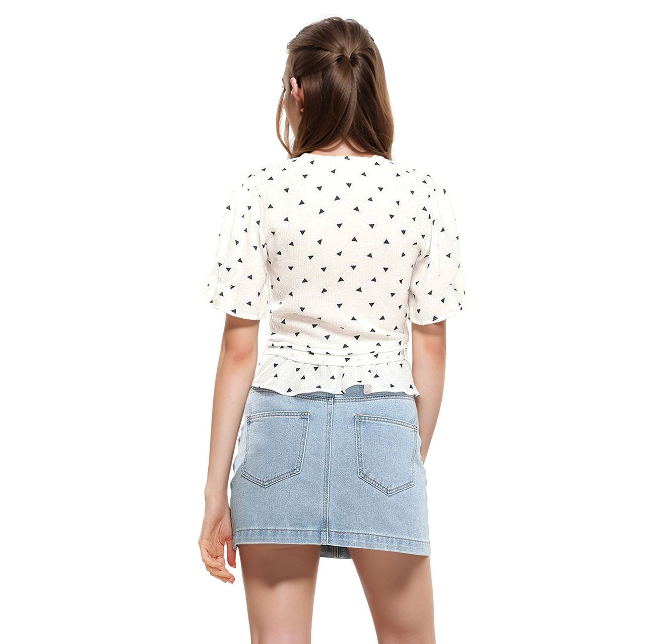 Women's Triangle Print Puff Sleeve Blouse in White triangle