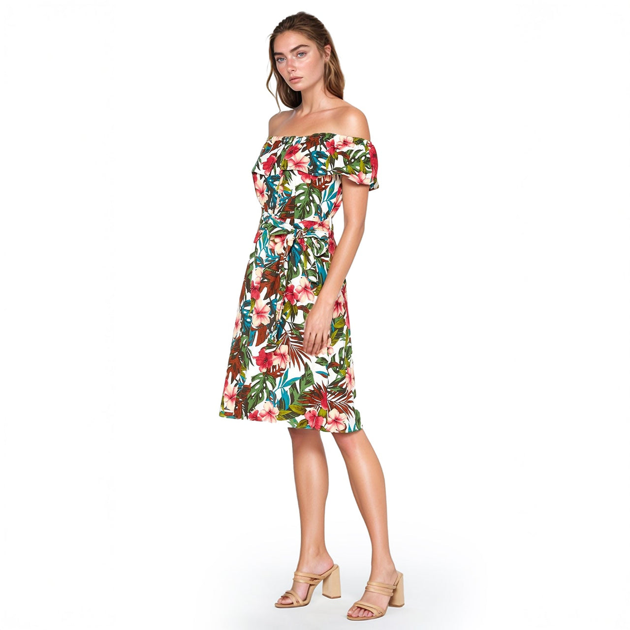 Pleione Tropical Off Shoulder Button Down Dress