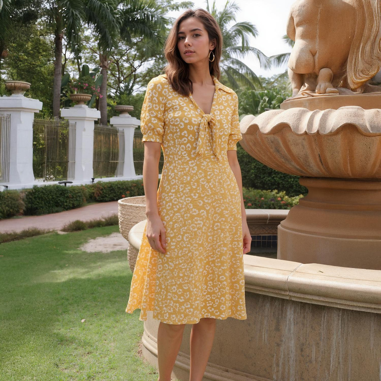 Pleione Tied Open Front Collard Floral Dress