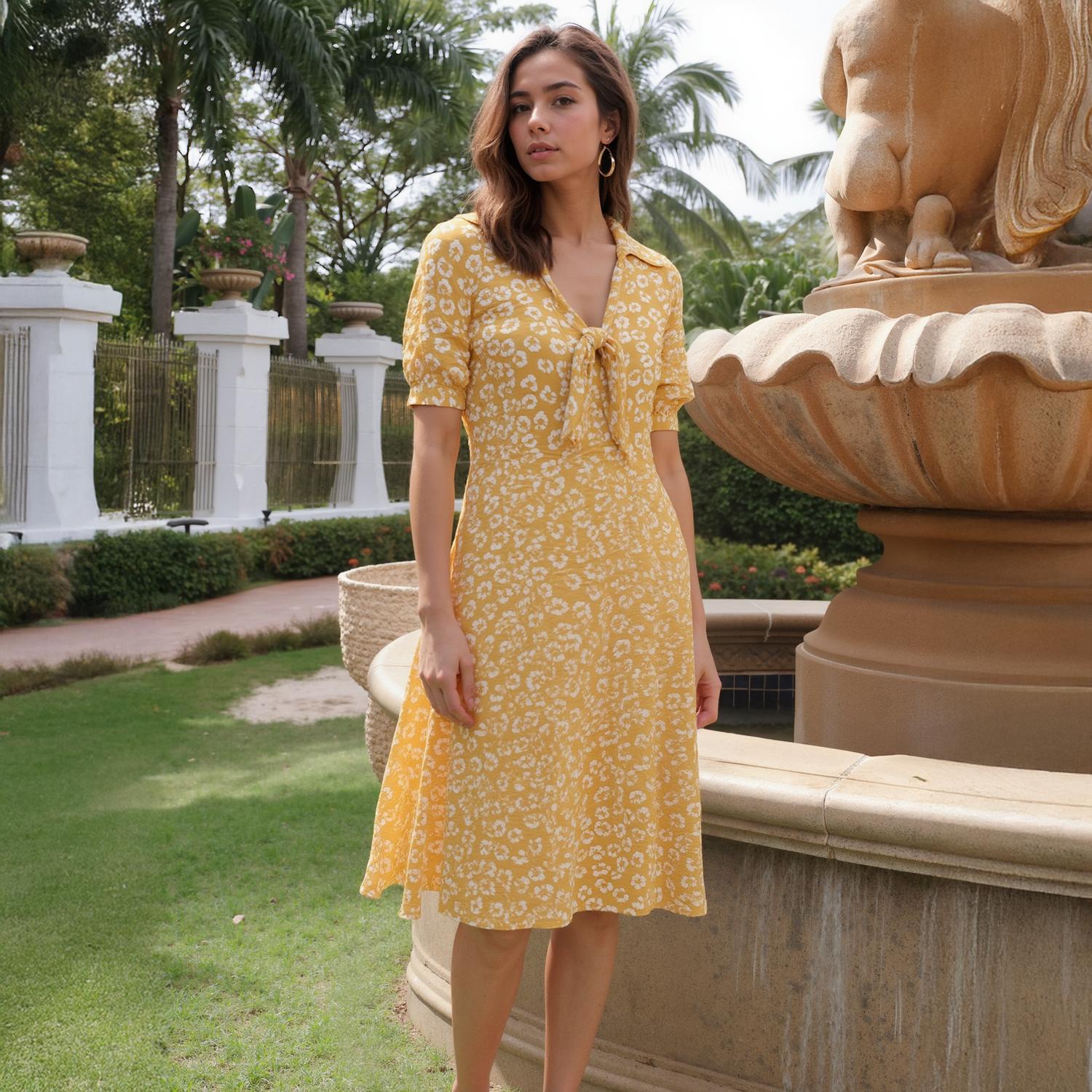 Pleione Tied Open Front Collard Floral Dress