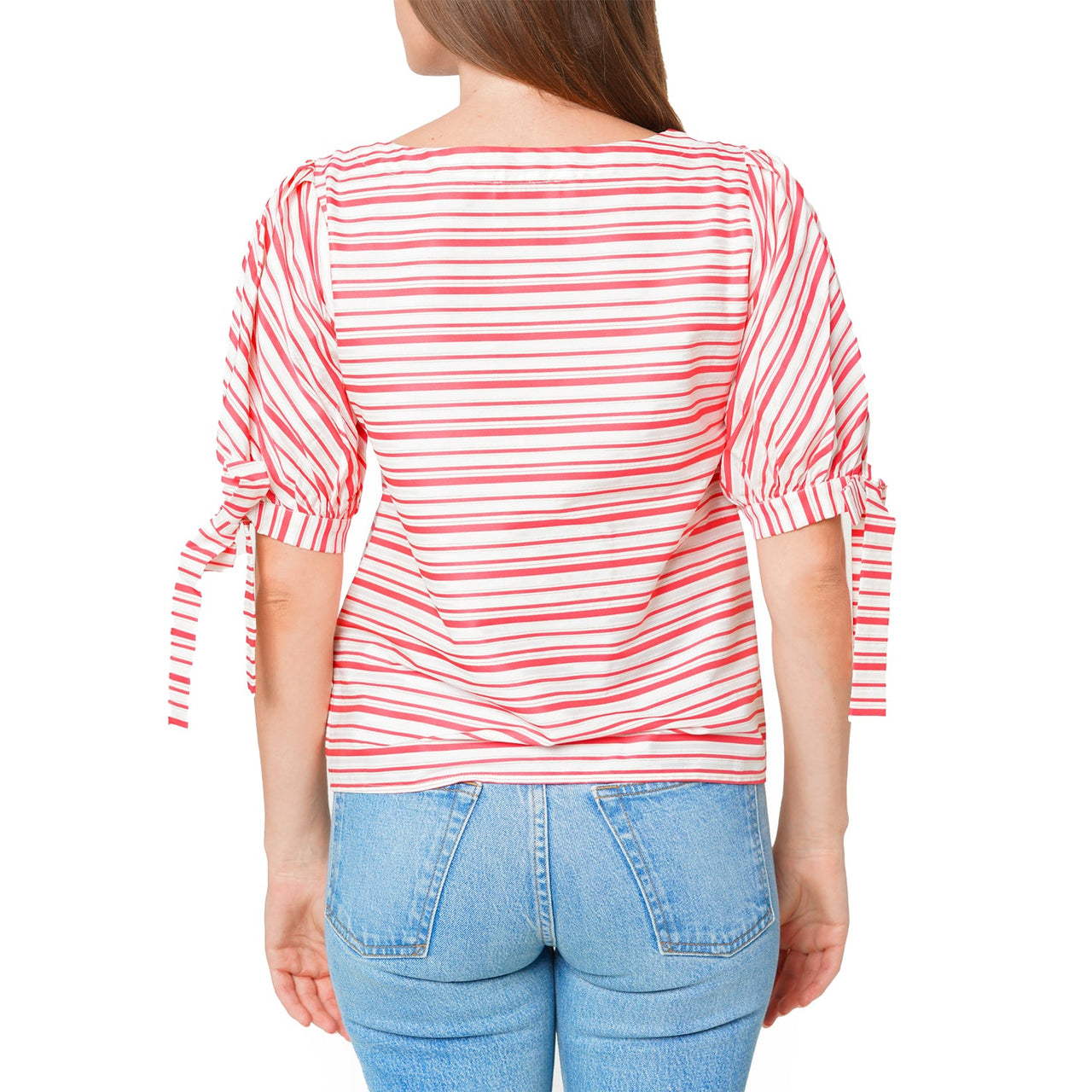 Women's Satin Stripe Tie Sleeve Top in Lipstick Stripe