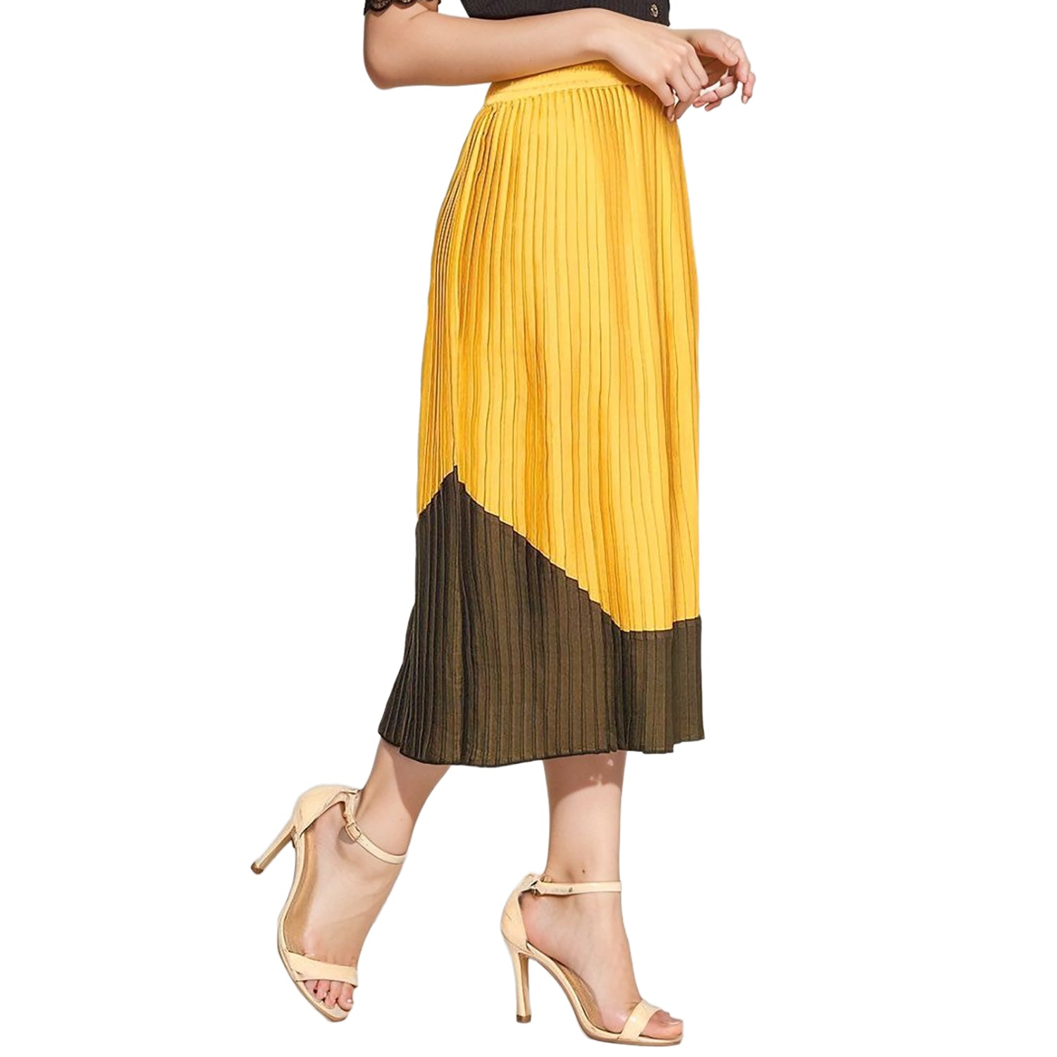 Pleione Women's Pleated Midi Skirt in Mustard Olive