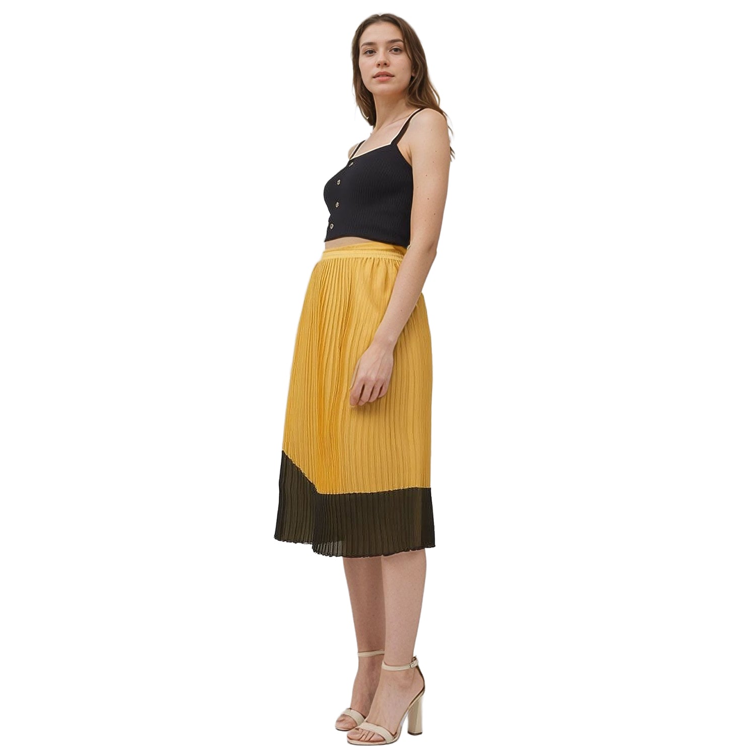 Pleione Women's Pleated Midi Skirt in Mustard Olive
