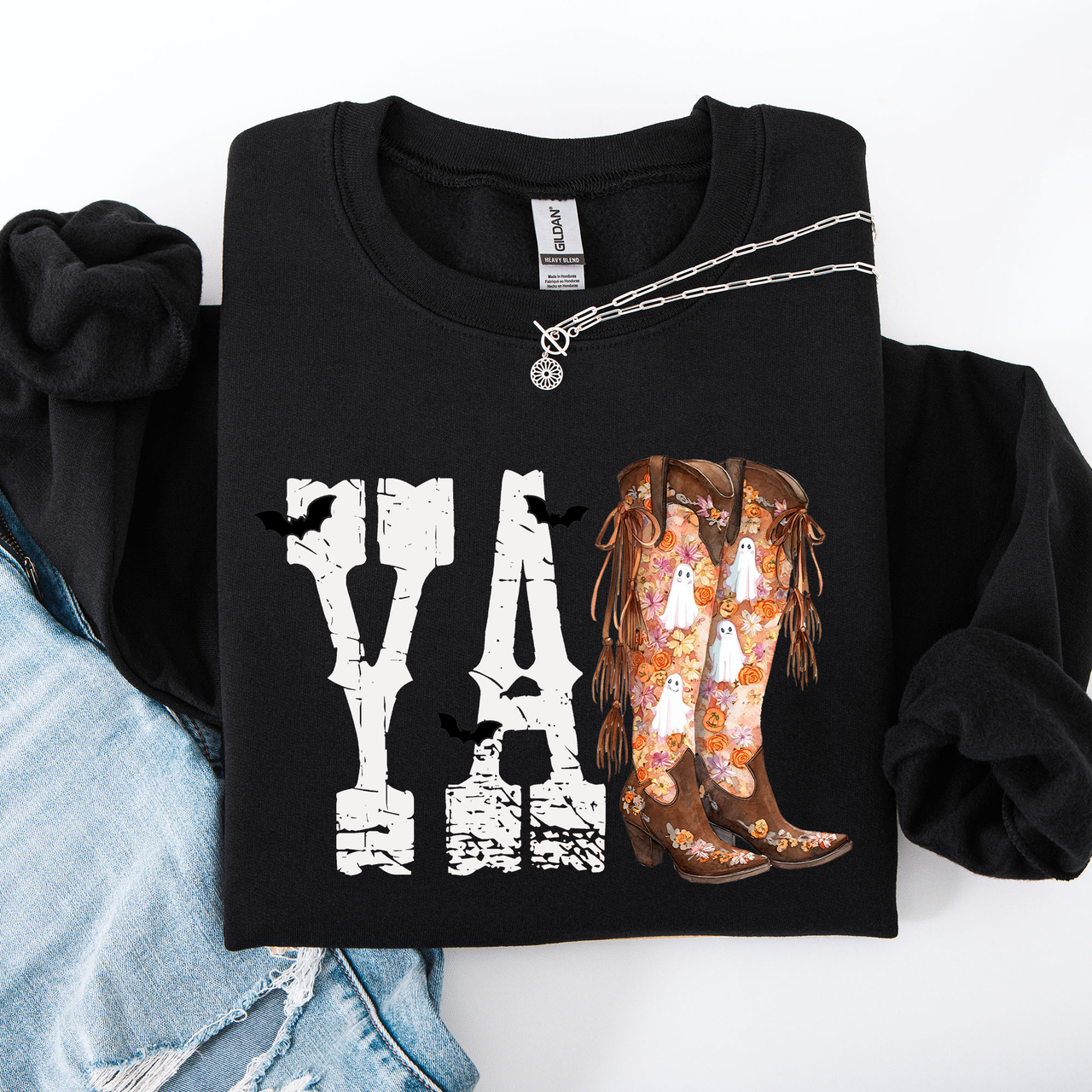 Y'all Cowboy Boots Western Halloween Autumn Floral Sunflower Pumpkin Festive Sweatshirt