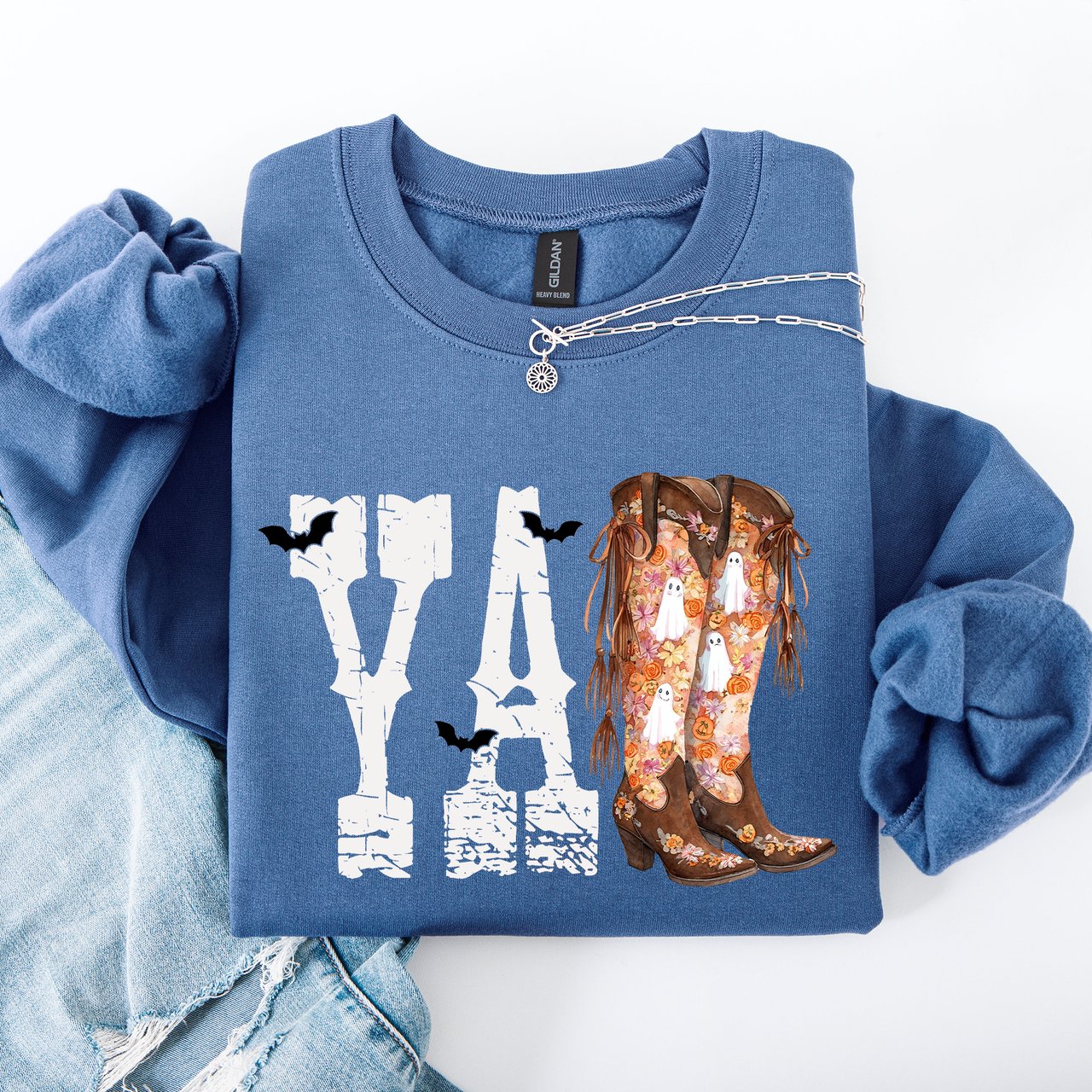 Y'all Cowboy Boots Western Halloween Autumn Floral Sunflower Pumpkin Festive Sweatshirt