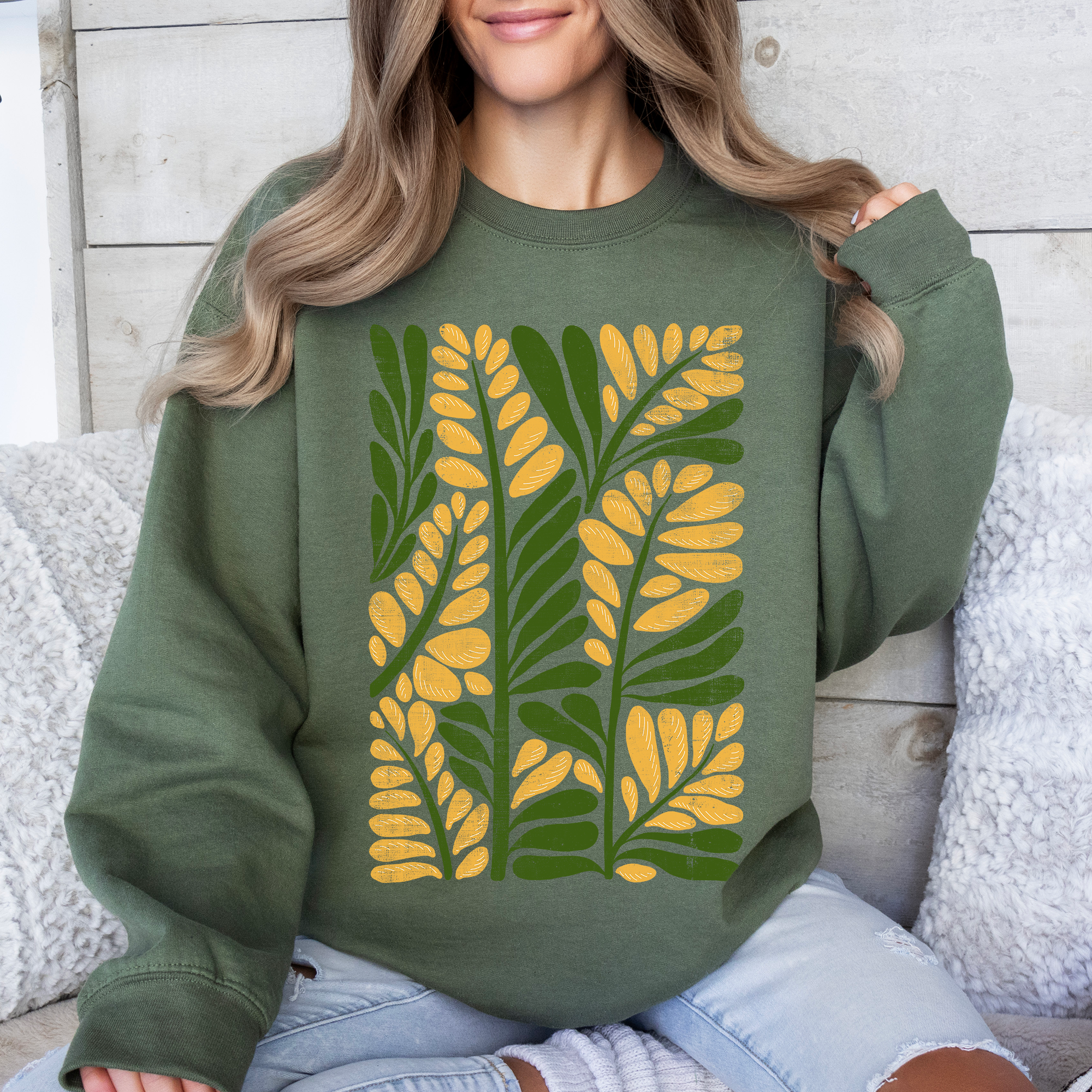 Yellow Leaf Botanical Pattern Vintage Boho Nature Autumnal Motif Landscape Inspired Sweatshirt