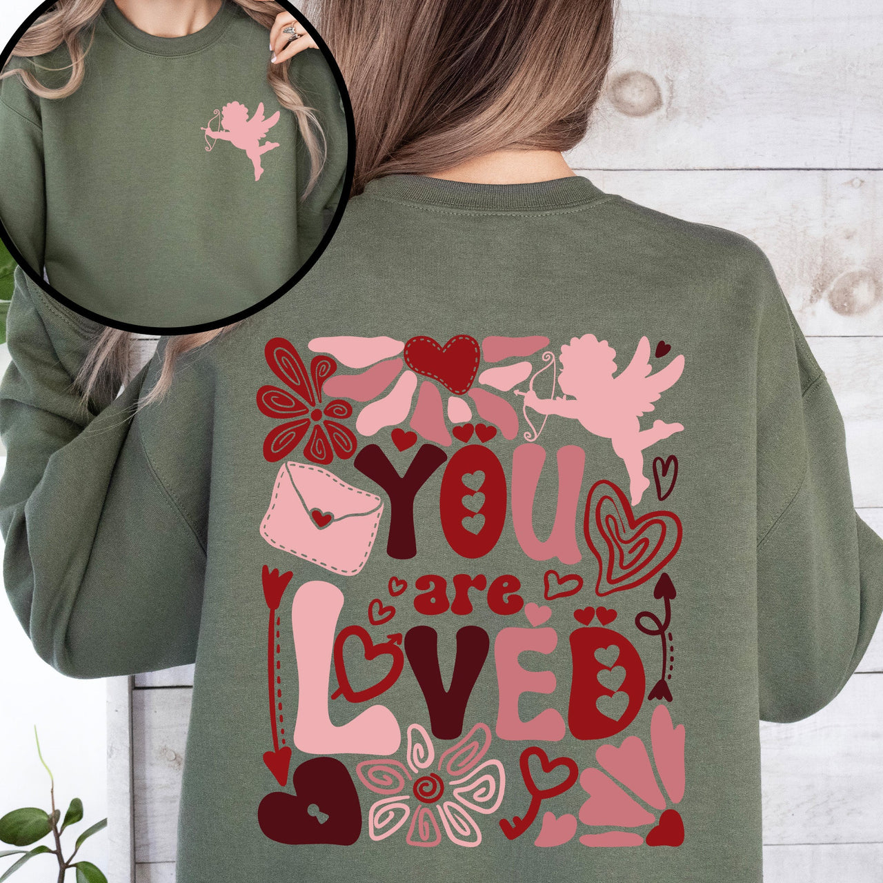 You Are Loved Cupid Valentine's Day Hearts Front And Back Print Radiant Sweatshirt