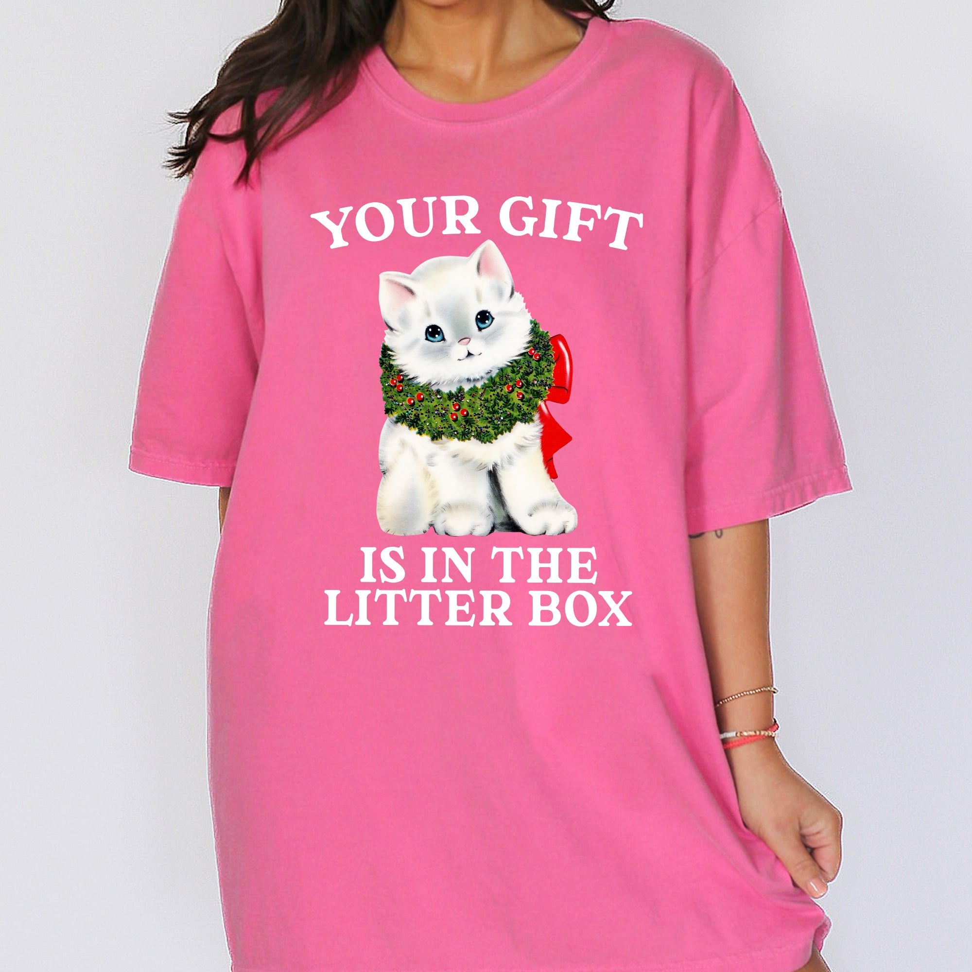 Your Gift Is In The Litter Box Cat Christmas Naughty Funny Snow Santa Xmas Comfort Colors Tee