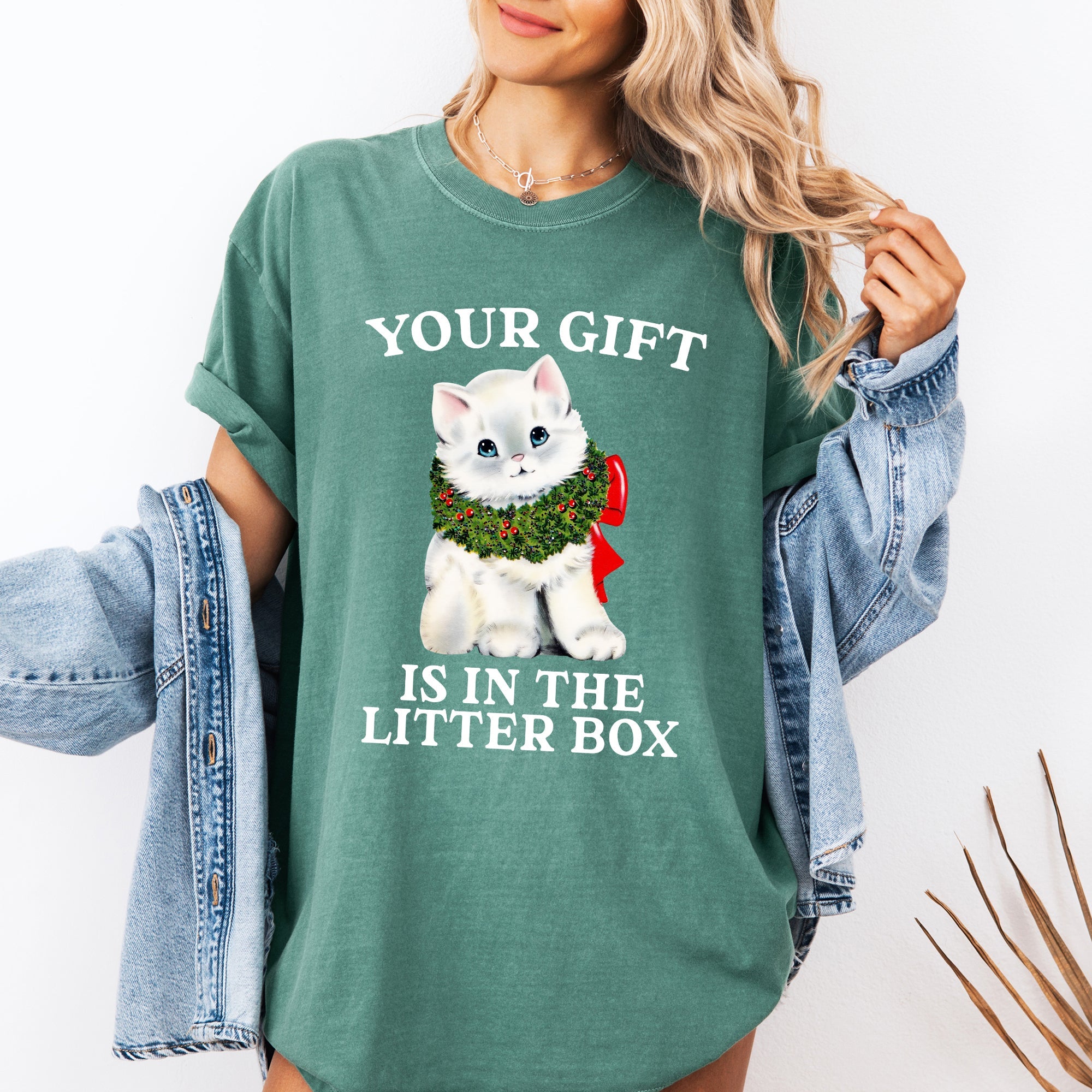 Your Gift Is In The Litter Box Cat Christmas Naughty Funny Snow Santa Xmas Comfort Colors Tee