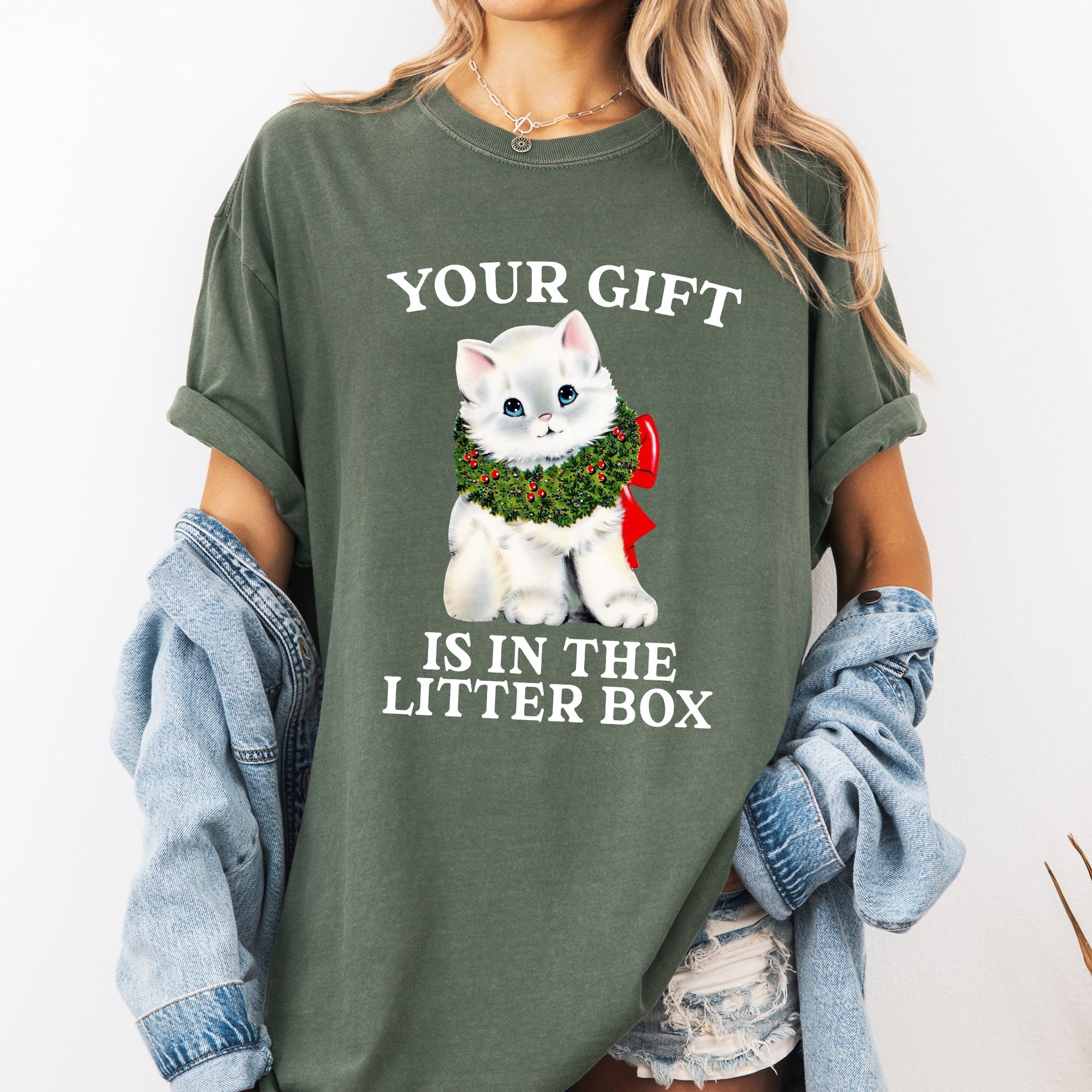 Your Gift Is In The Litter Box Cat Christmas Naughty Funny Snow Santa Xmas Comfort Colors Tee