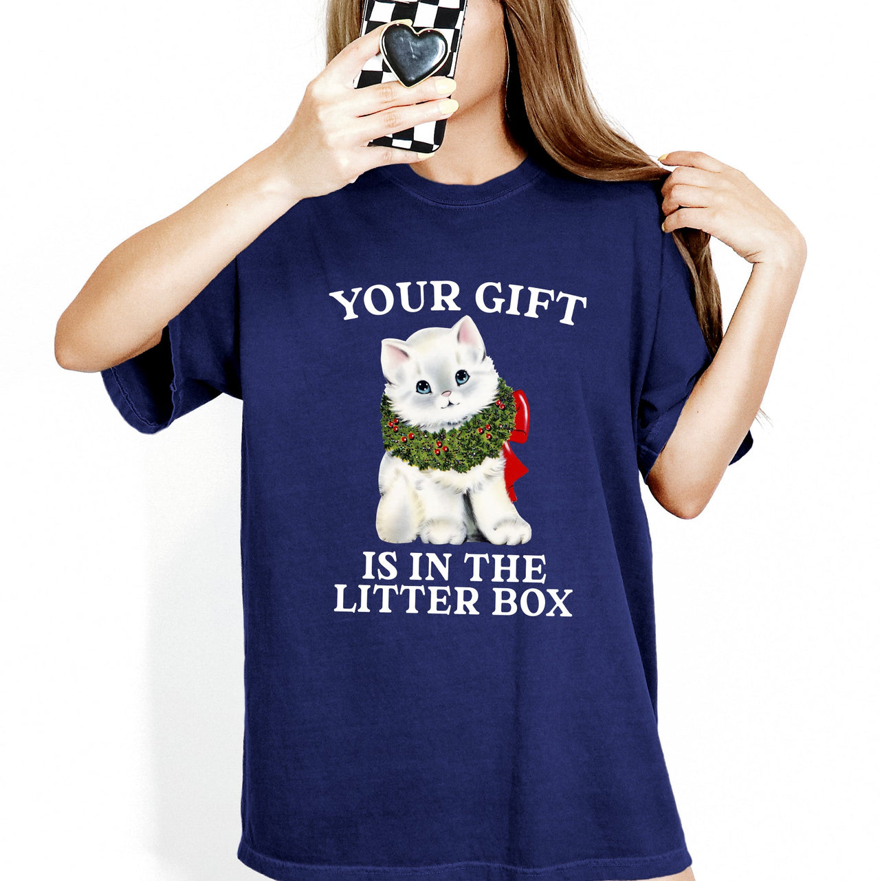 Your Gift Is In The Litter Box Cat Christmas Naughty Funny Snow Santa Xmas Comfort Colors Tee