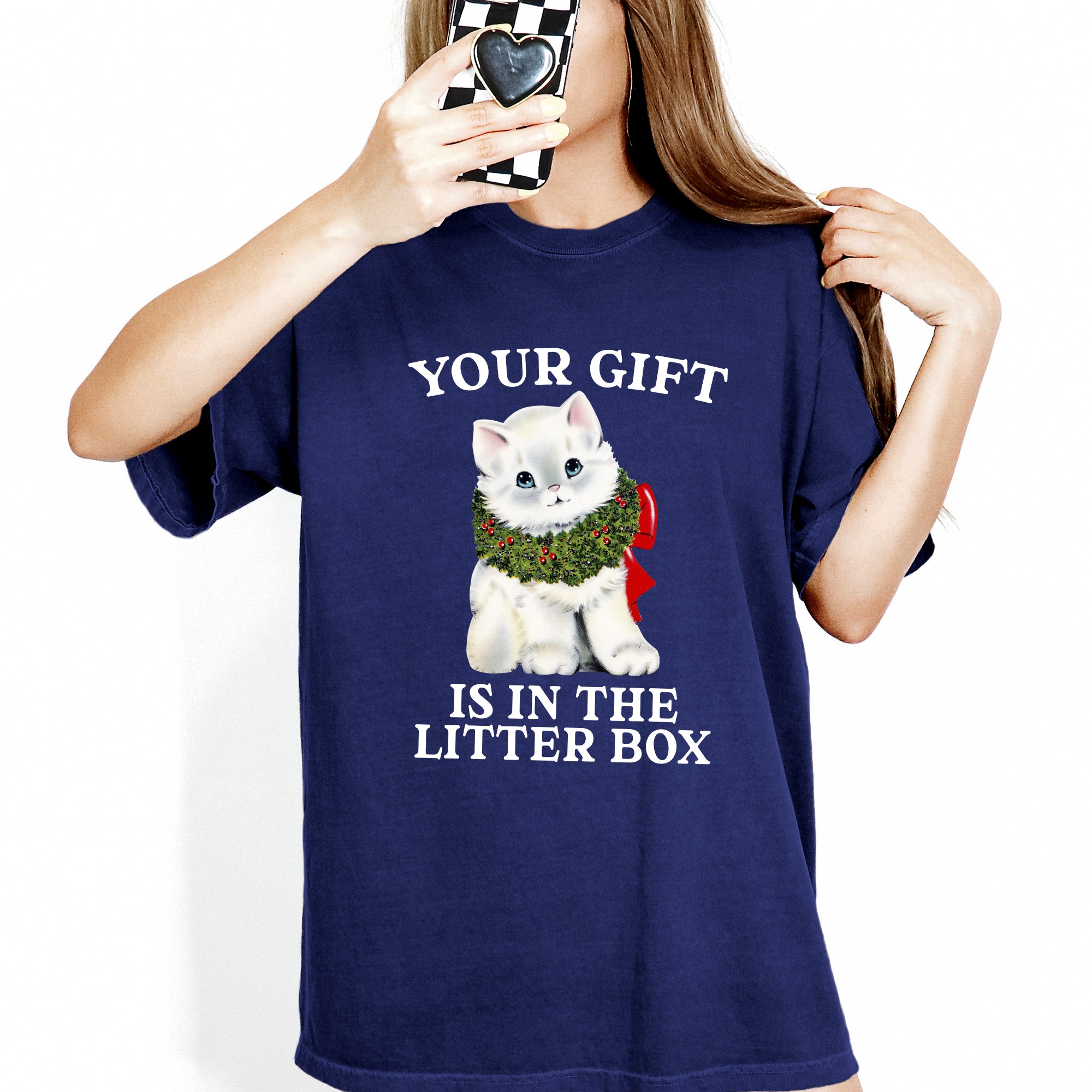 Your Gift Is In The Litter Box Cat Christmas Naughty Funny Snow Santa Xmas Comfort Colors Tee