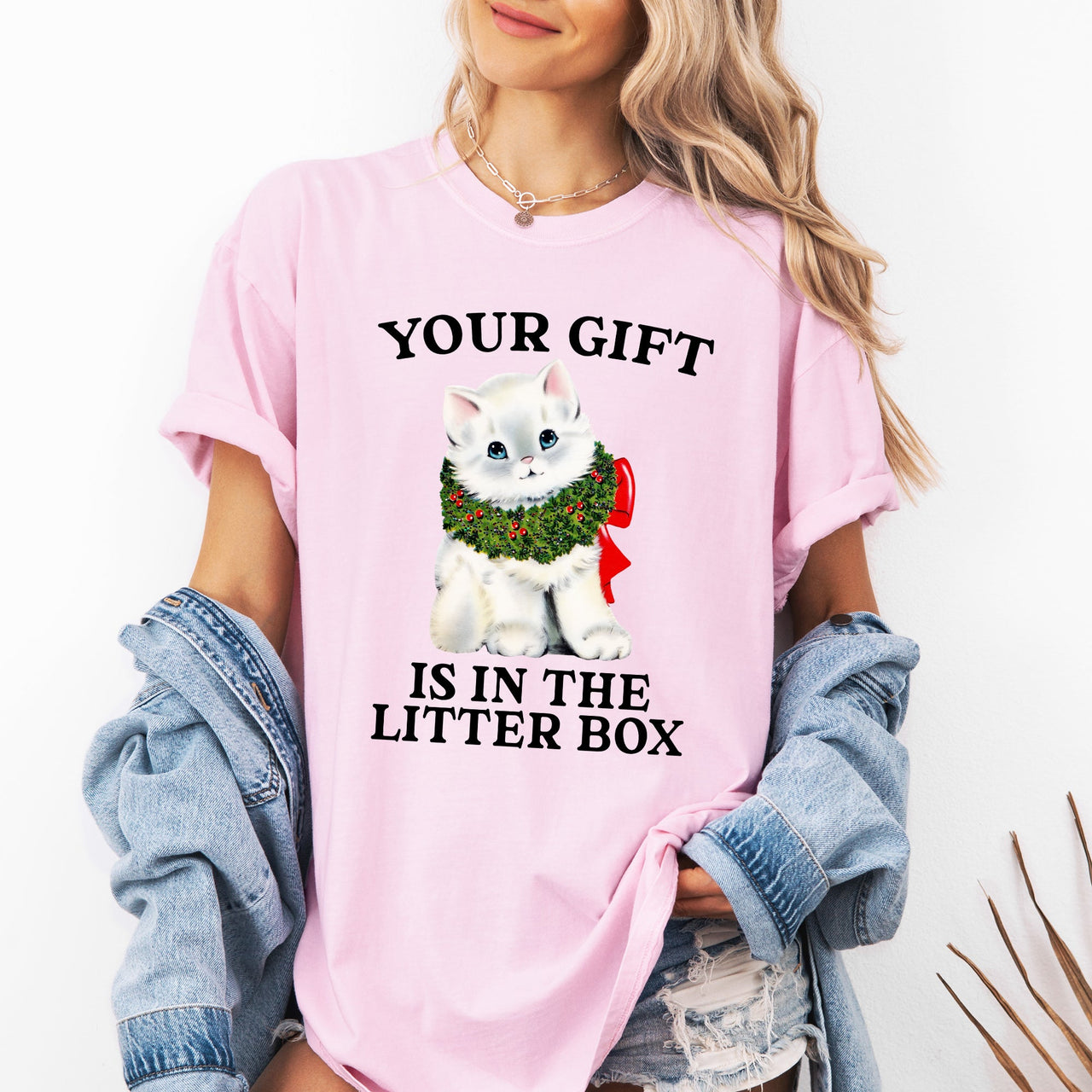 Your Gift Is In The Litter Box Cat Christmas Naughty Funny Snow Santa Xmas Comfort Colors Tee