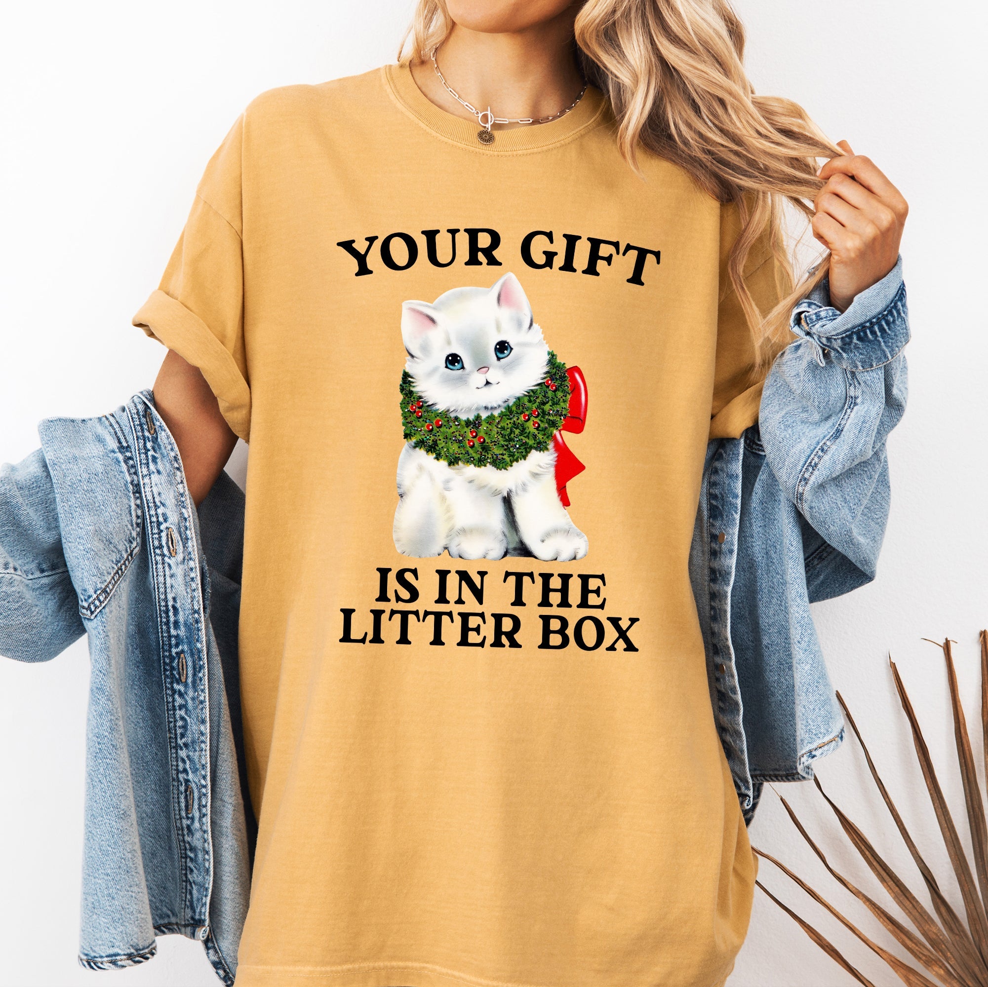 Your Gift Is In The Litter Box Cat Christmas Naughty Funny Snow Santa Xmas Comfort Colors Tee