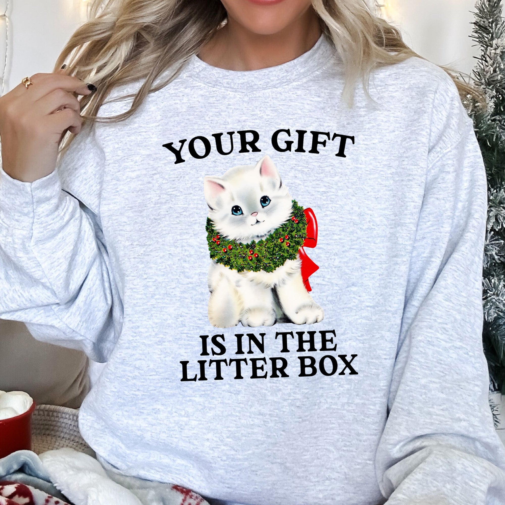 Your Gift Is In The Litter Box, Cat Christmas Graphic Cozy Holiday Edition Sweatshirt