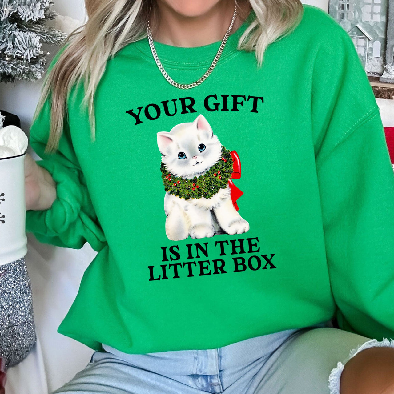 Your Gift Is In The Litter Box, Cat Christmas Graphic Cozy Holiday Edition Sweatshirt