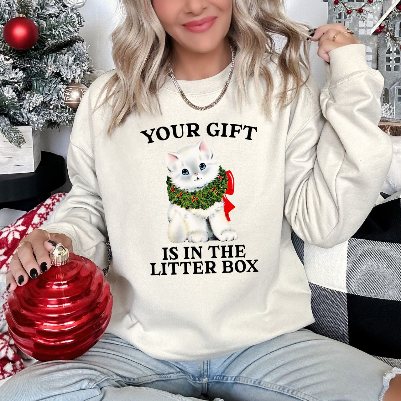 Your Gift Is In The Litter Box, Cat Christmas Graphic Cozy Holiday Edition Sweatshirt