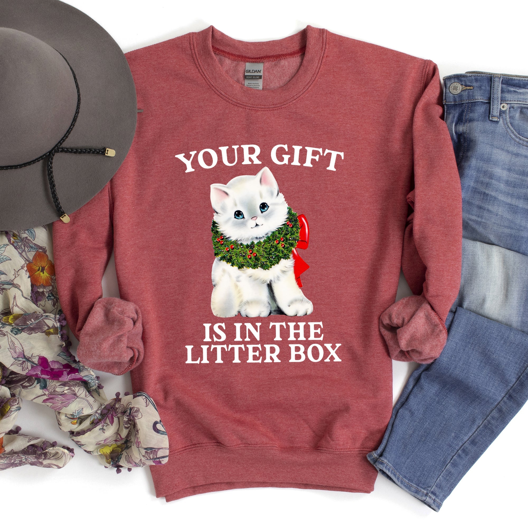 Your Gift Is In The Litter Box Cat Christmas Humor Quote For Cat Lovers Sweatshirt