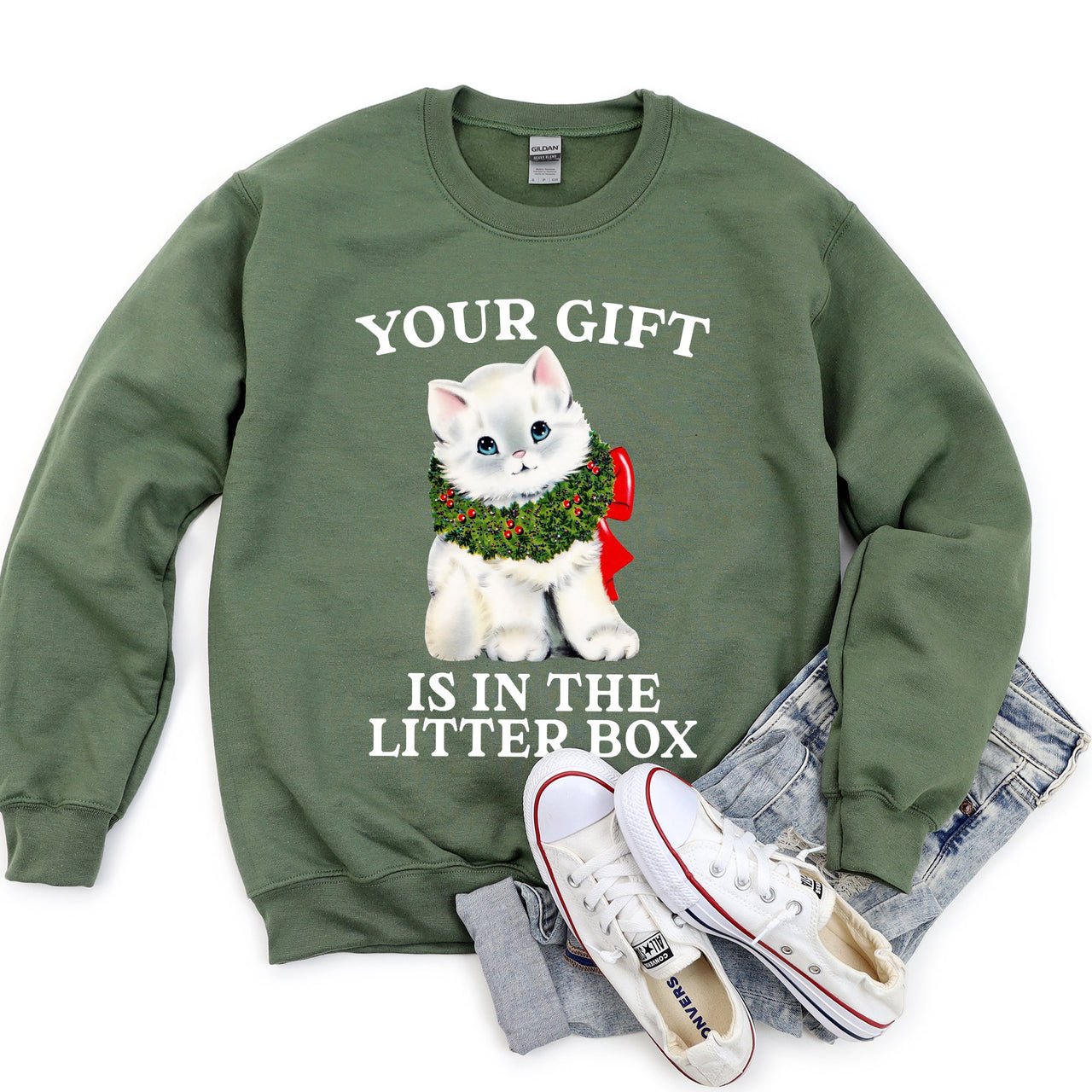 Your Gift Is In The Litter Box Cat Christmas Humor Quote For Cat Lovers Sweatshirt