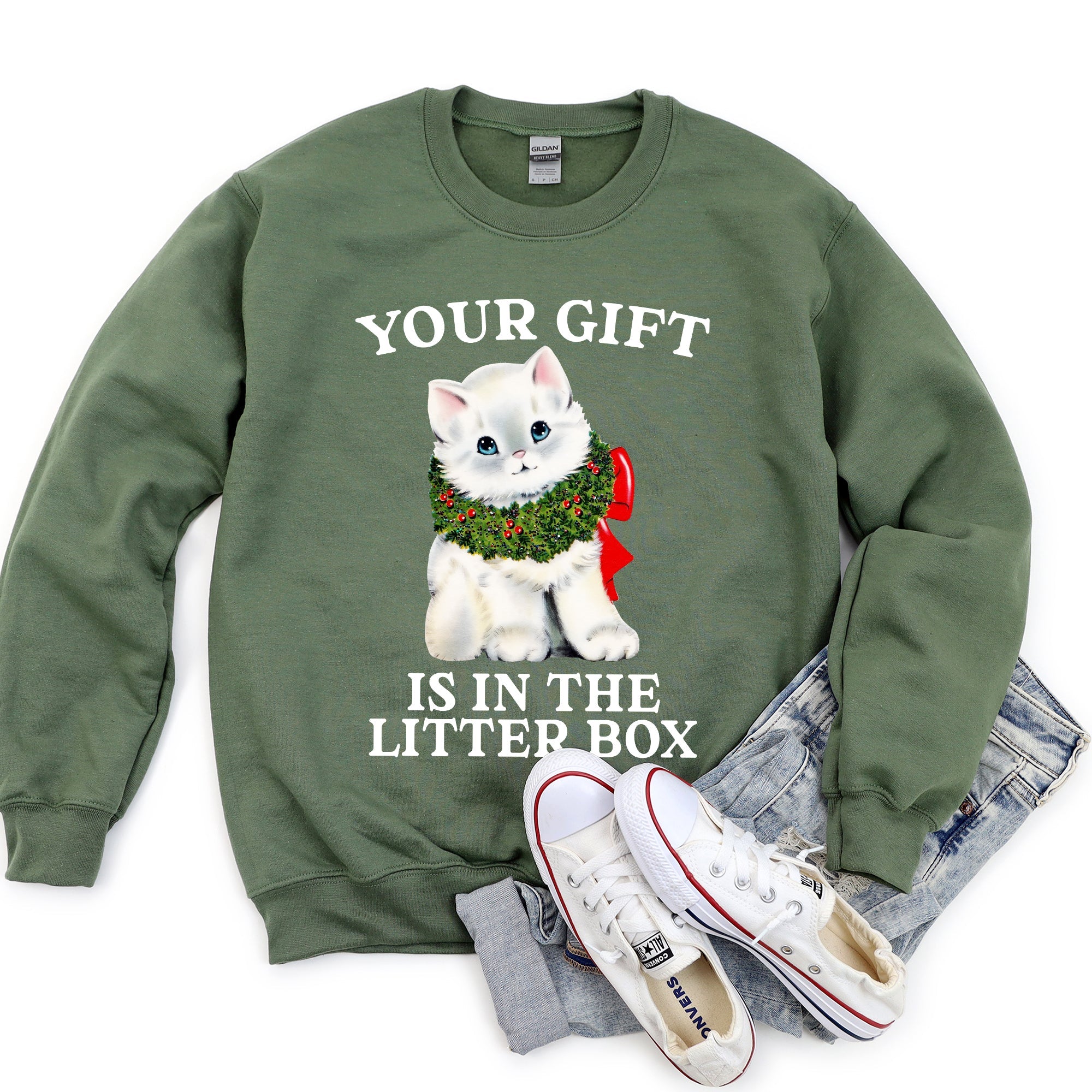 Your Gift Is In The Litter Box Cat Christmas Humor Quote For Cat Lovers Sweatshirt