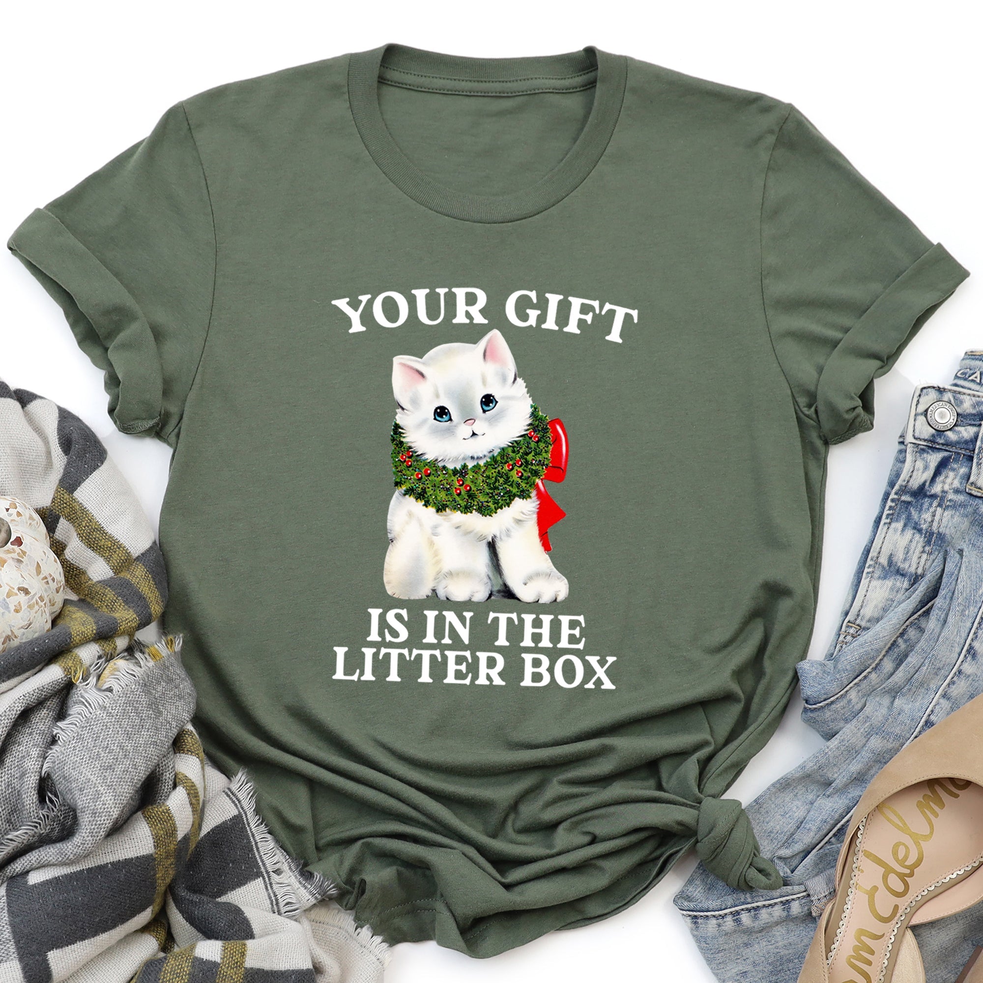 Your Gift Is In The Litter Box Cat Christmas Naughty Humor Limited Edition Graphic Tee