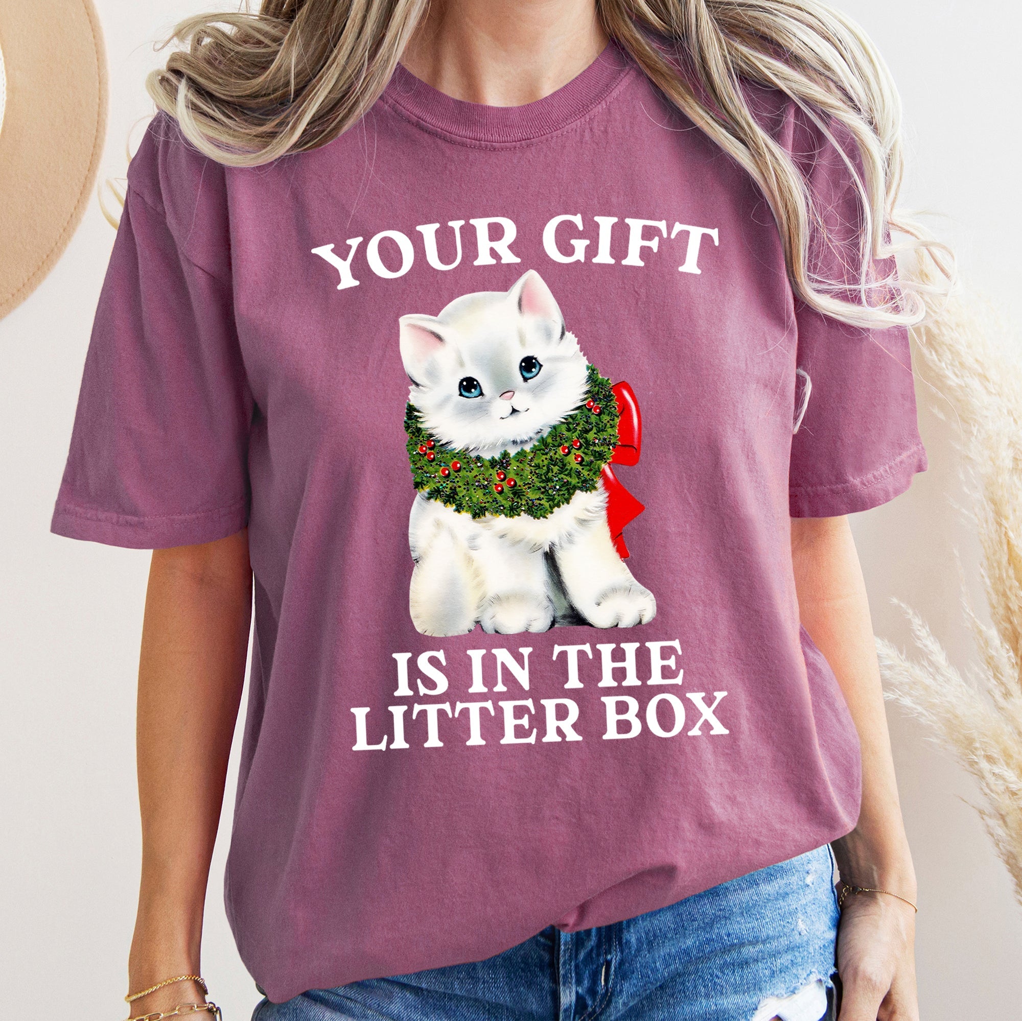 Your Gift Is In The Litter Box Cat Christmas Naughty Holiday Humor Comfort Colors Tee
