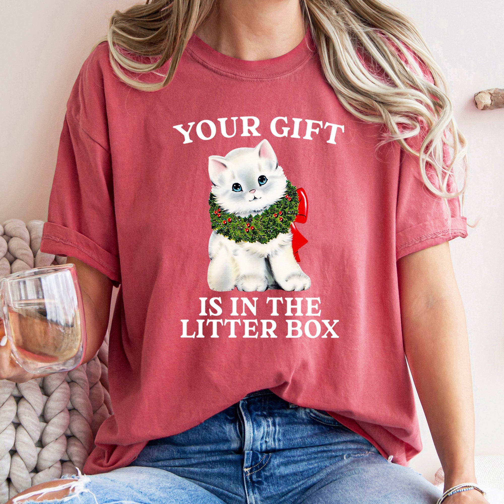 Your Gift Is In The Litter Box Cat Christmas Naughty Holiday Humor Comfort Colors Tee