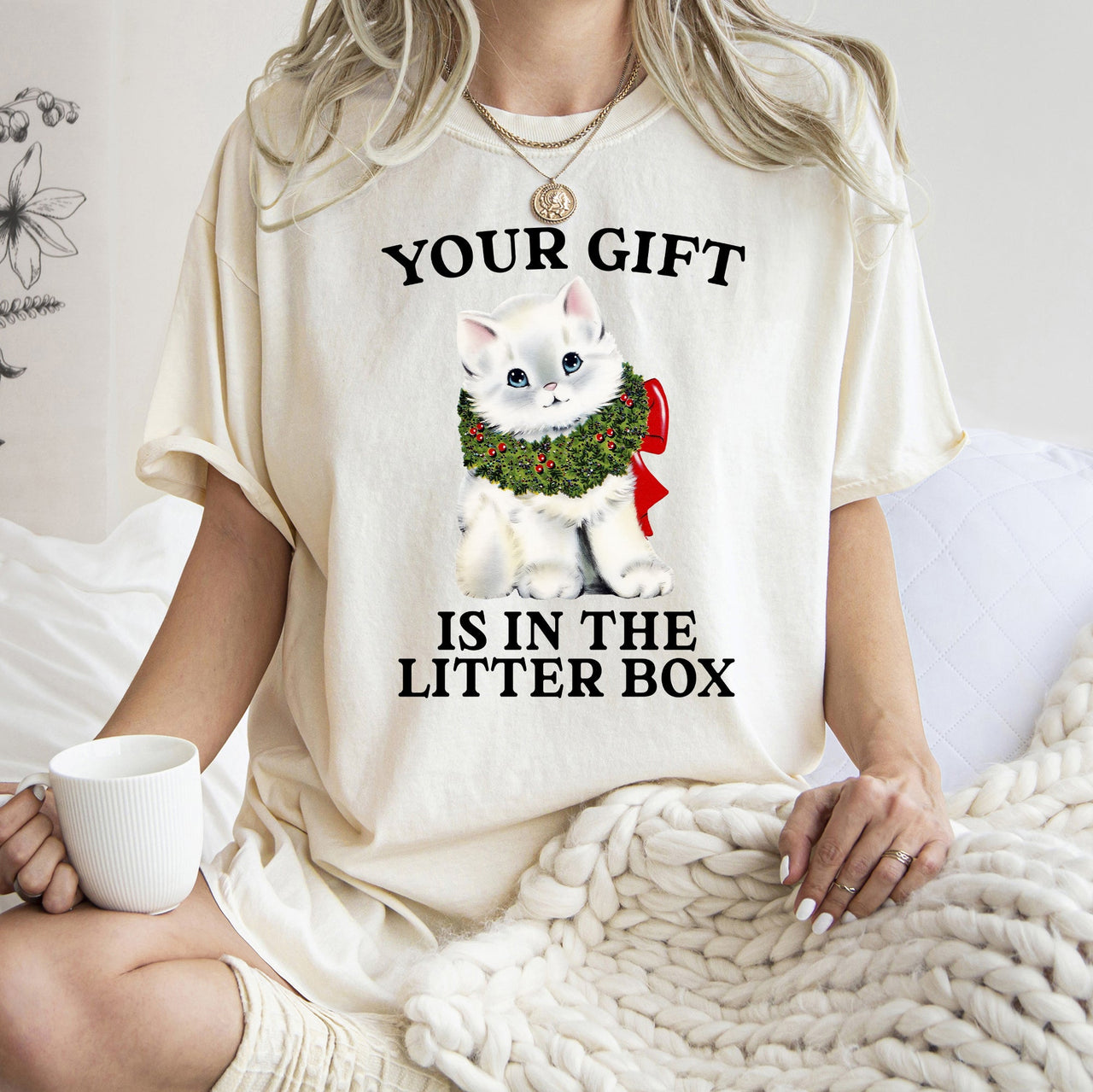 Your Gift Is In The Litter Box Cat Christmas Naughty Holiday Humor Comfort Colors Tee