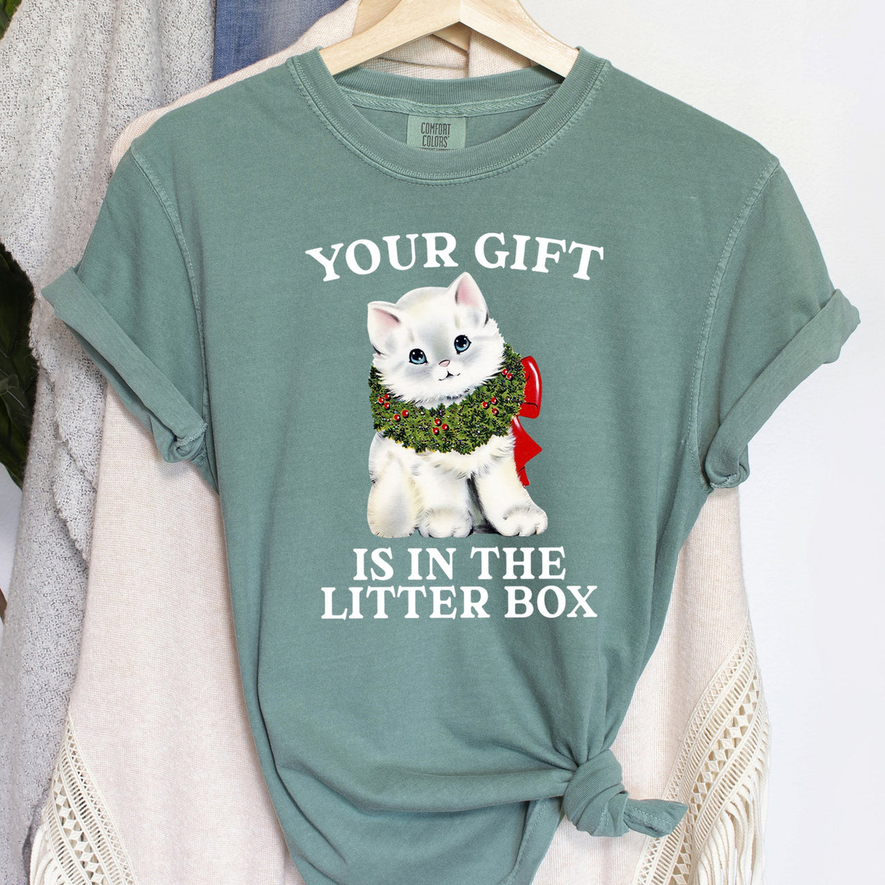 Your Gift Is In The Litter Box Cat Christmas Naughty Holiday Humor Comfort Colors Tee